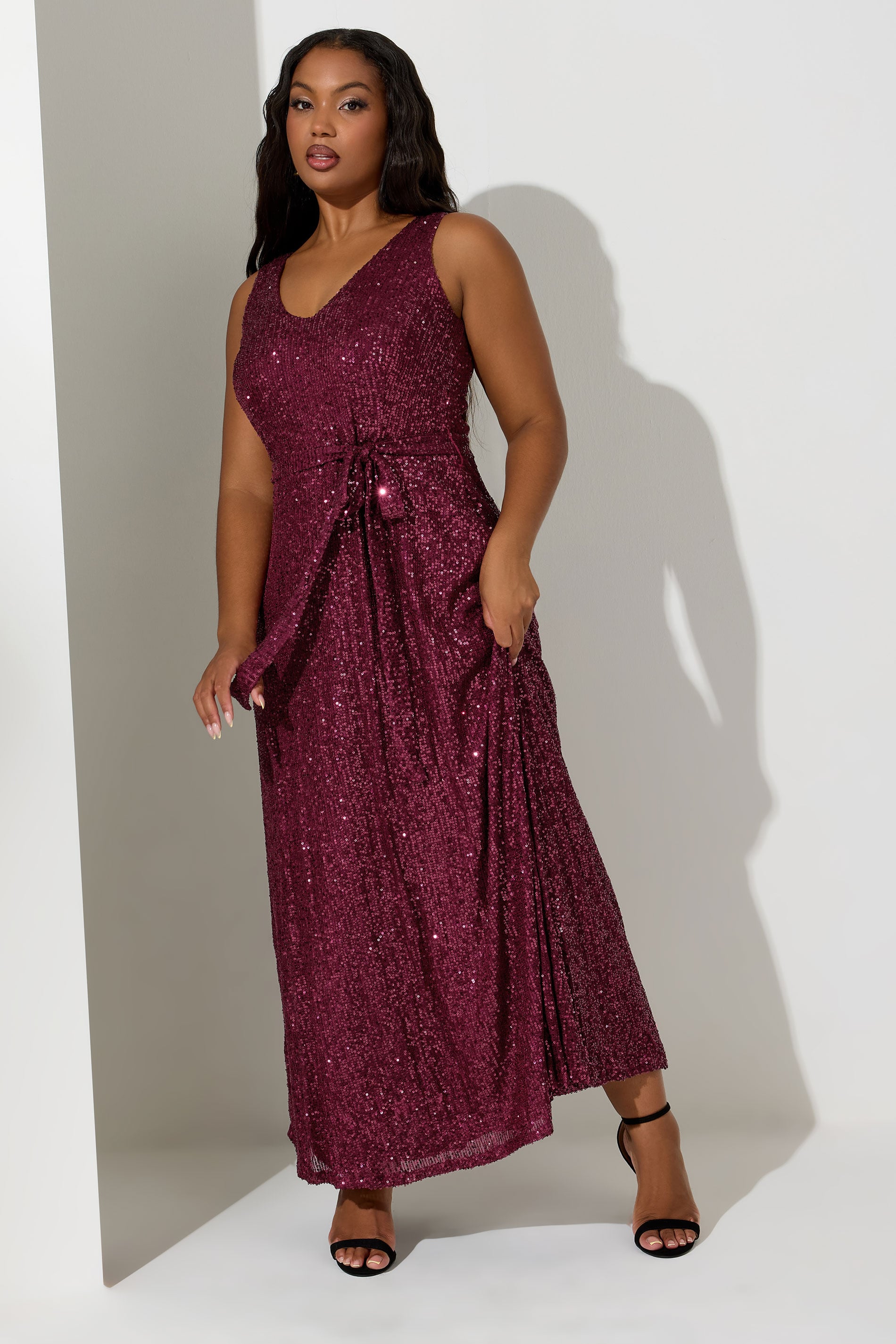 YOURS LONDON Plus Size Burgundy Red Sequin V-Neck Maxi Dress | Yours Clothing 1