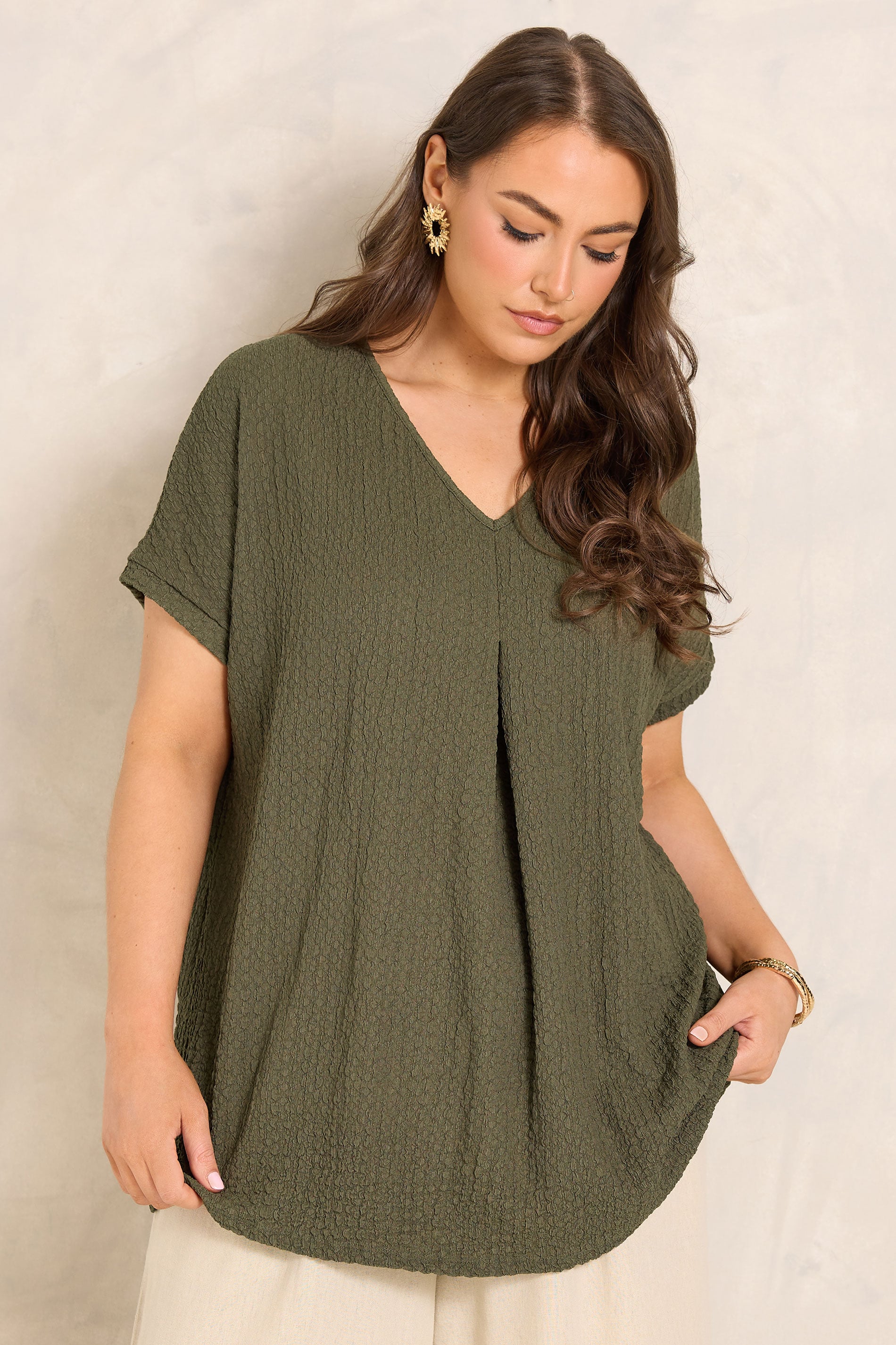 Evans Women's Green Plus Khaki Plisse Pleat Top Size 18