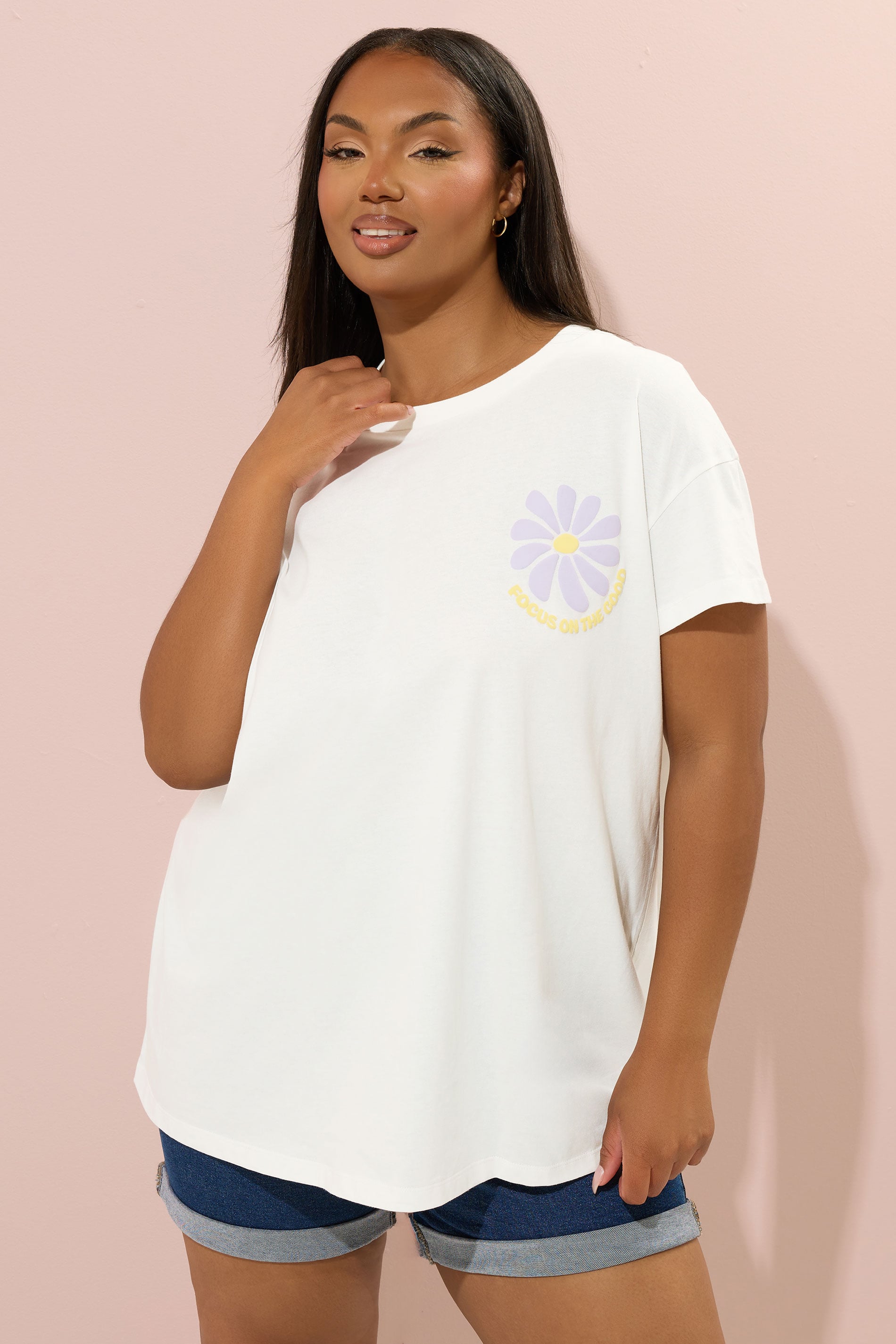 YOURS Plus Size Ivory White 'Focus On The Good' Graphic Back Print T-Shirt | Yours Clothing 1