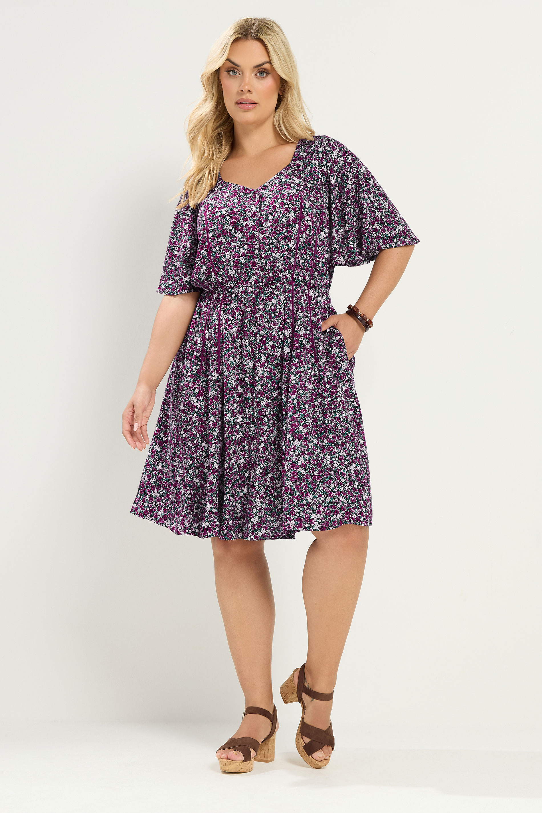 YOURS Plus Size Pink Ditsy Floral Smock Mini Dress | Yours Clothing 1
