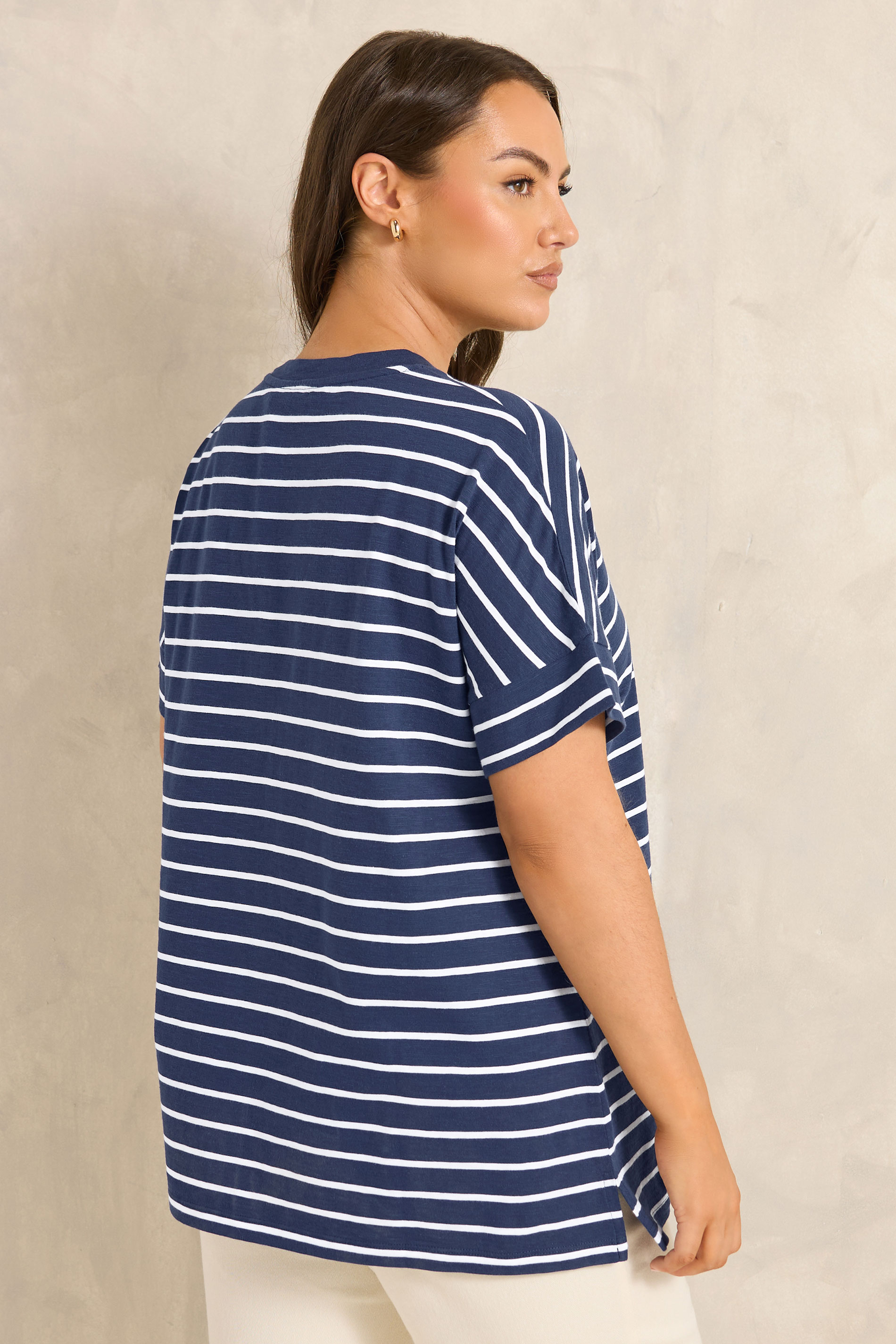 EVANS Plus Size Navy Blue Stripe Cotton T-Shirt | Evans 2