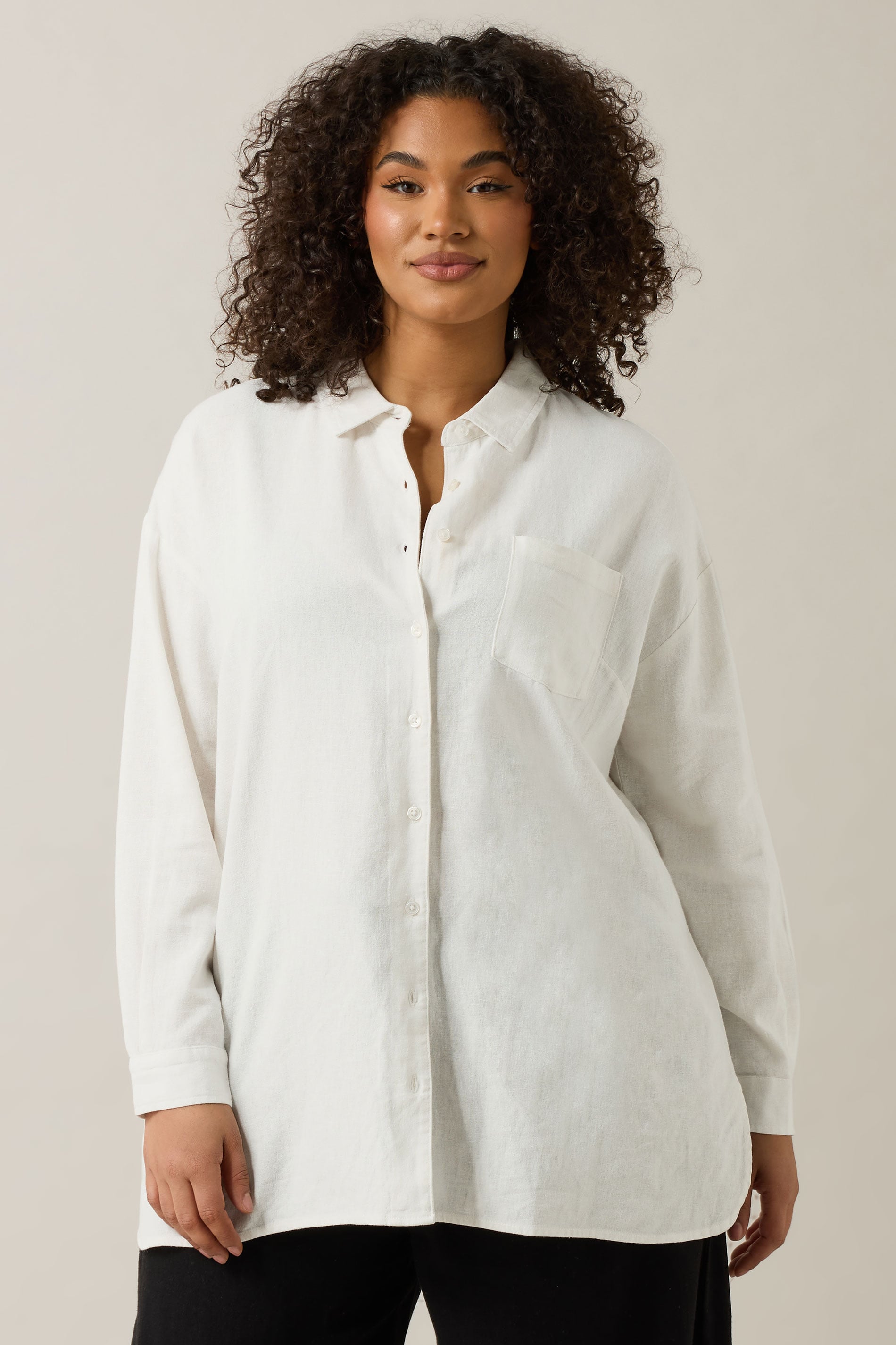 EVANS Plus Size White Long Sleeve Premium Linen Shirt | Evans 1