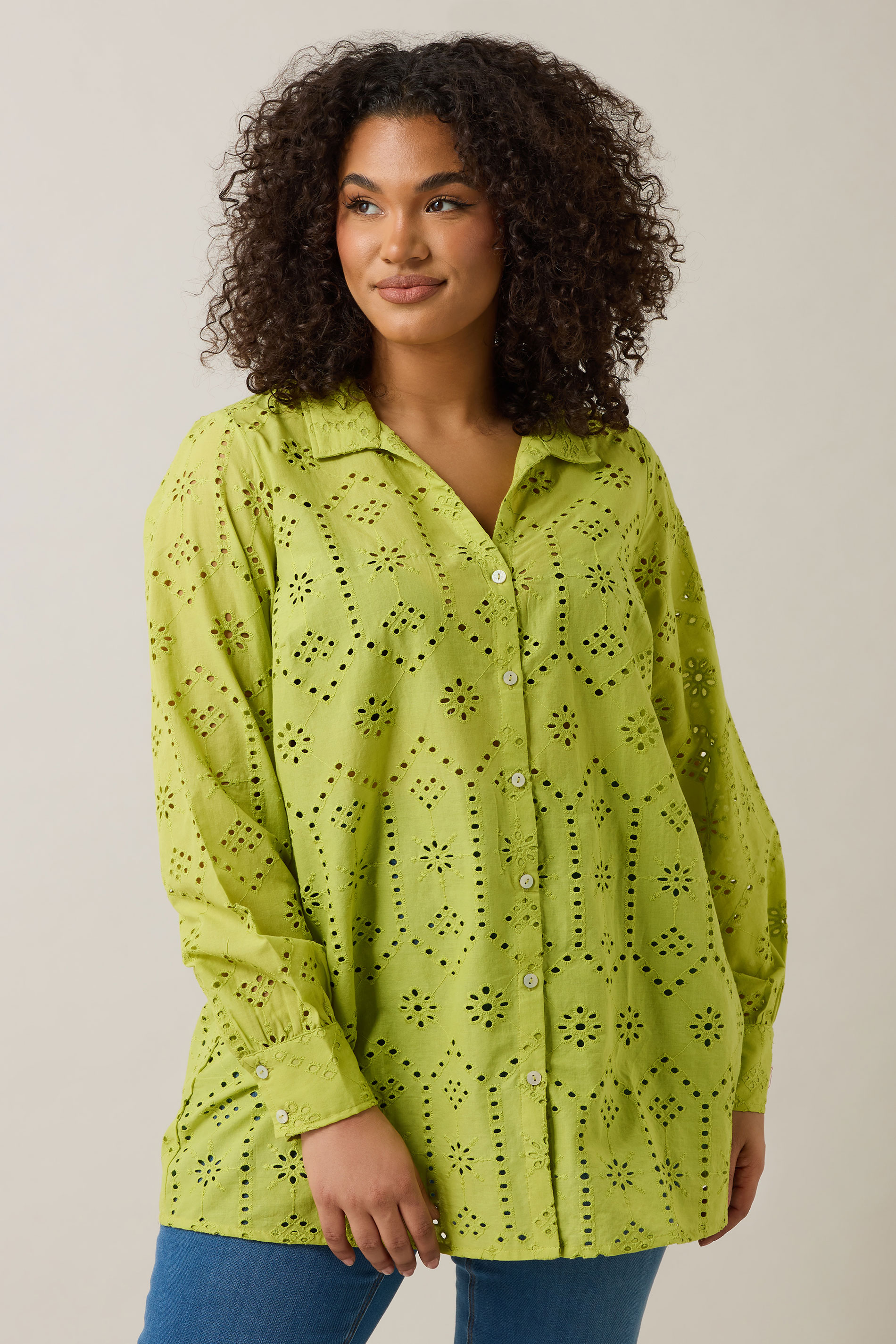 EVANS Plus Size Chartreuse Green Long Sleeve Broderie Shirt | Evans 2