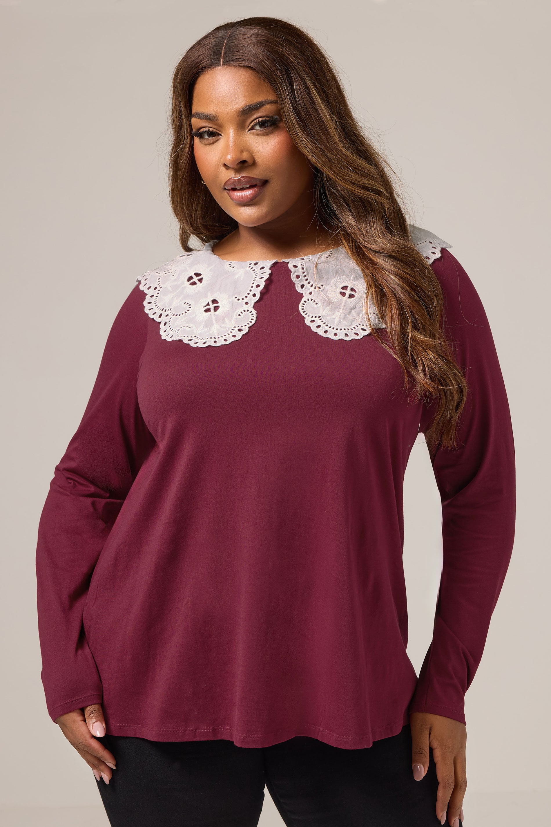 YOURS Plus Size Burgundy Red Broderie Anglaise Oversized Collar Top | Yours Clothing 3