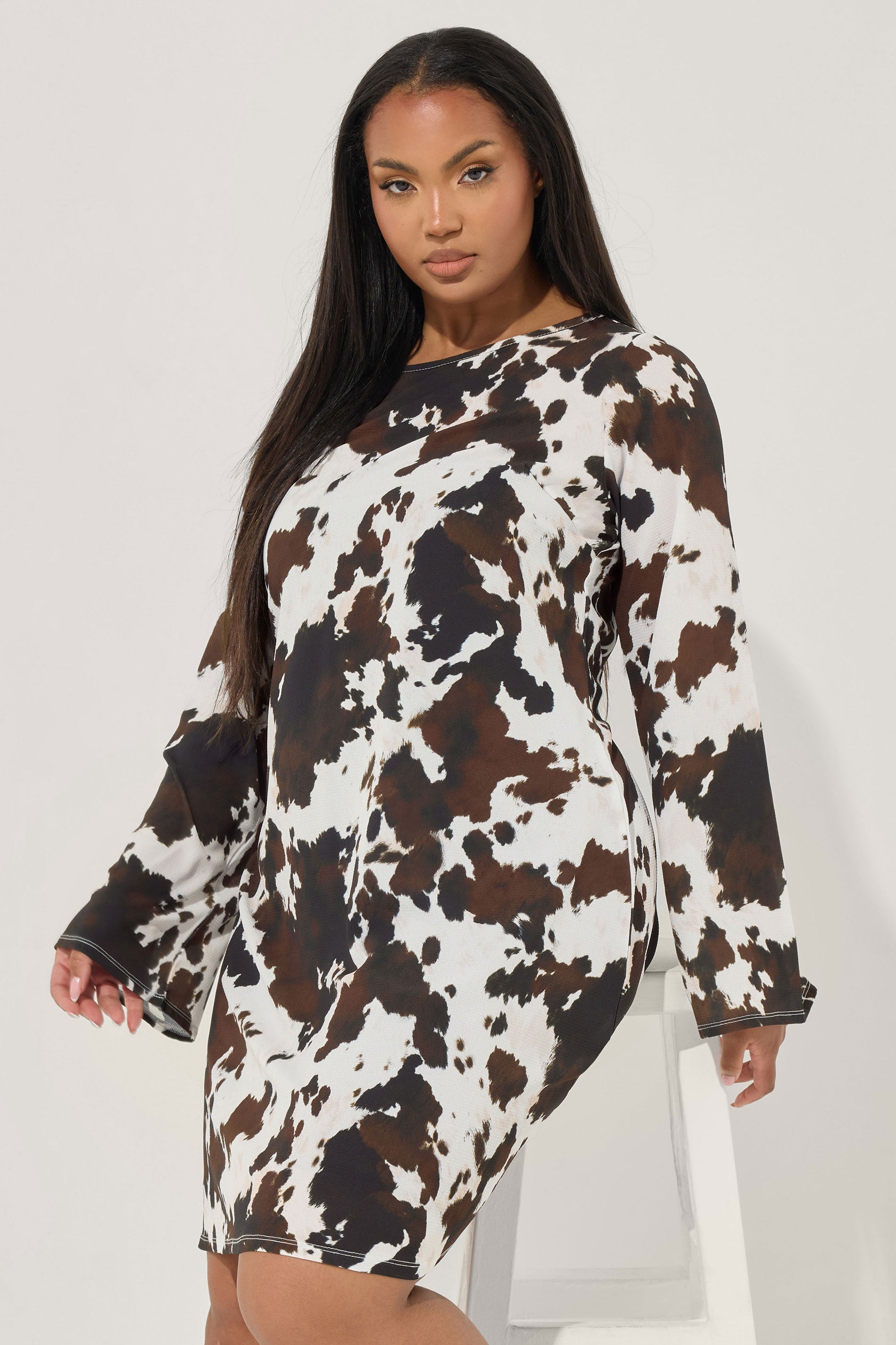 LIMITED COLLECTION Plus Size White & Brown Cow Print Mini Dress | Yours Clothing 3