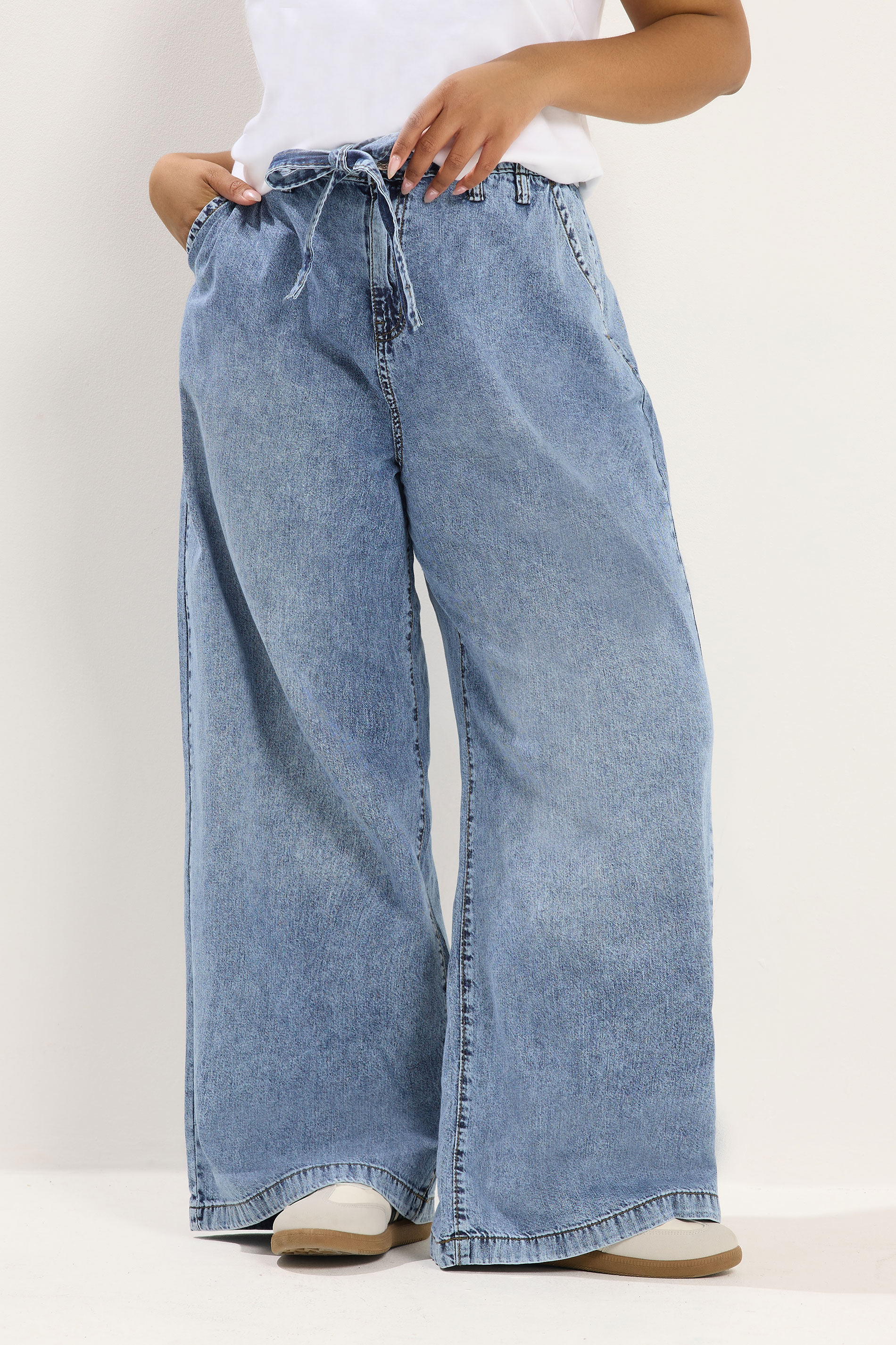 YOURS Plus Size Mid Blue Belted Wide Leg Jeans | Yours Clothing 3