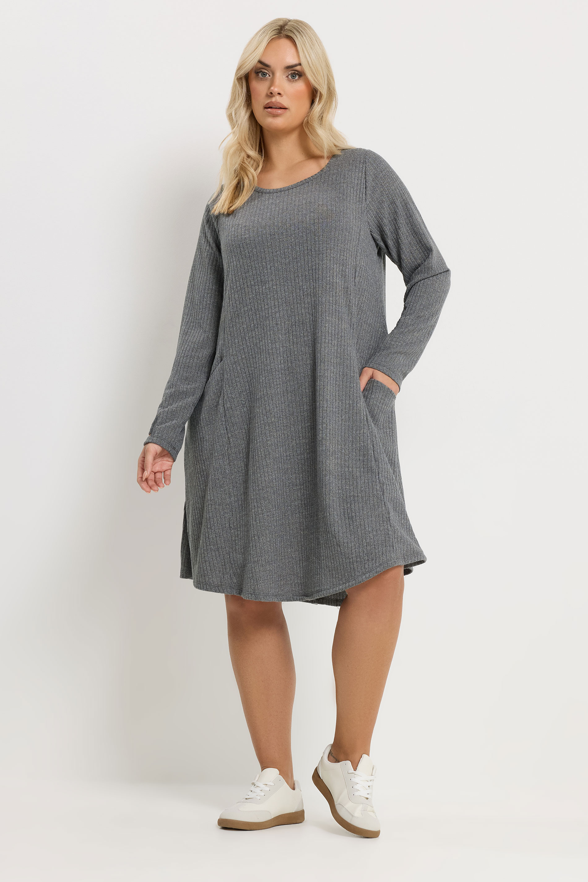 YOURS Plus Size Grey Ribbed Pocket Dress | Yours Clothing 1