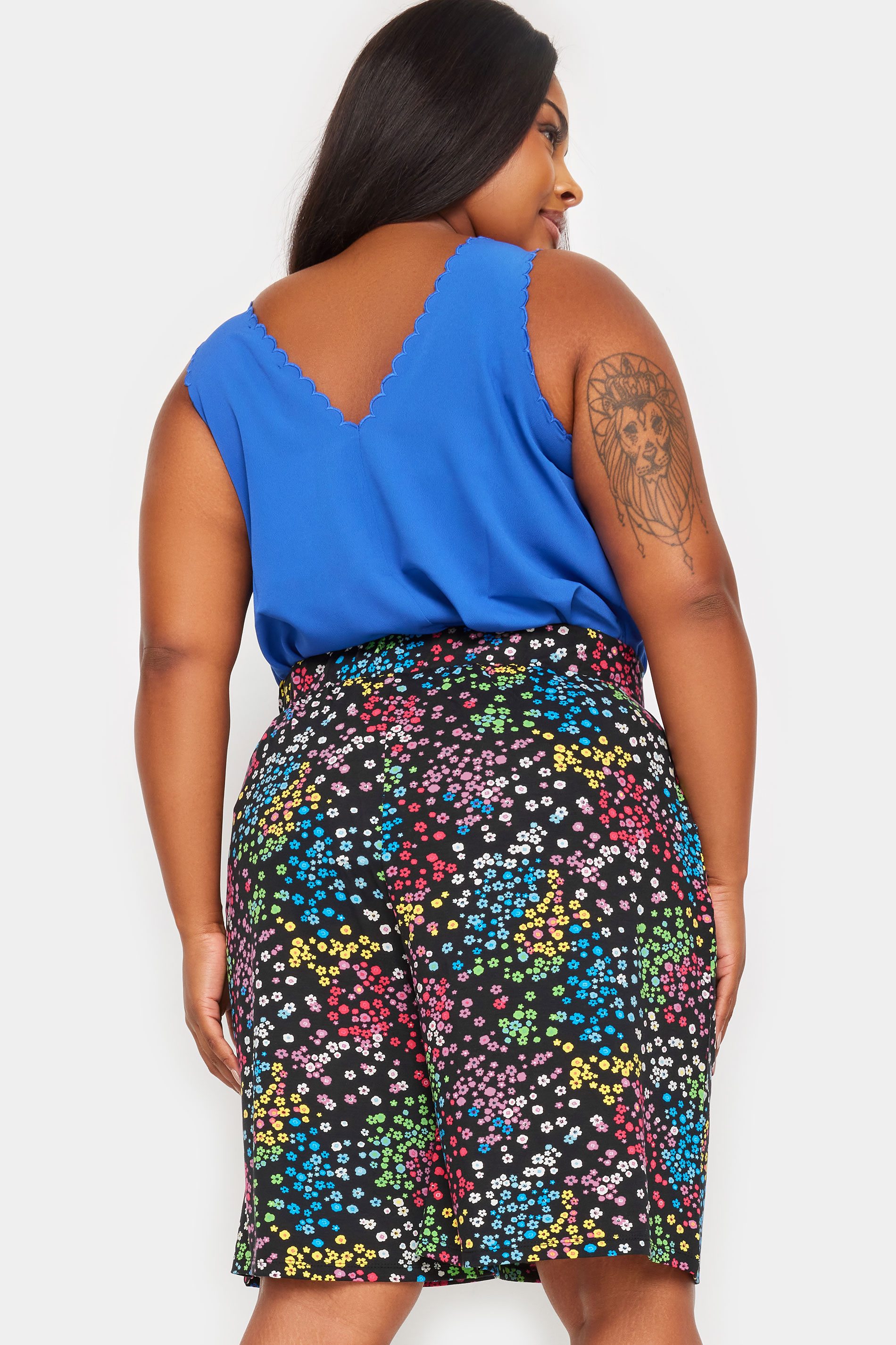 YOURS Plus Size Black Rainbow Ditsy Floral Print Jersey Shorts | Yours Clothing 2