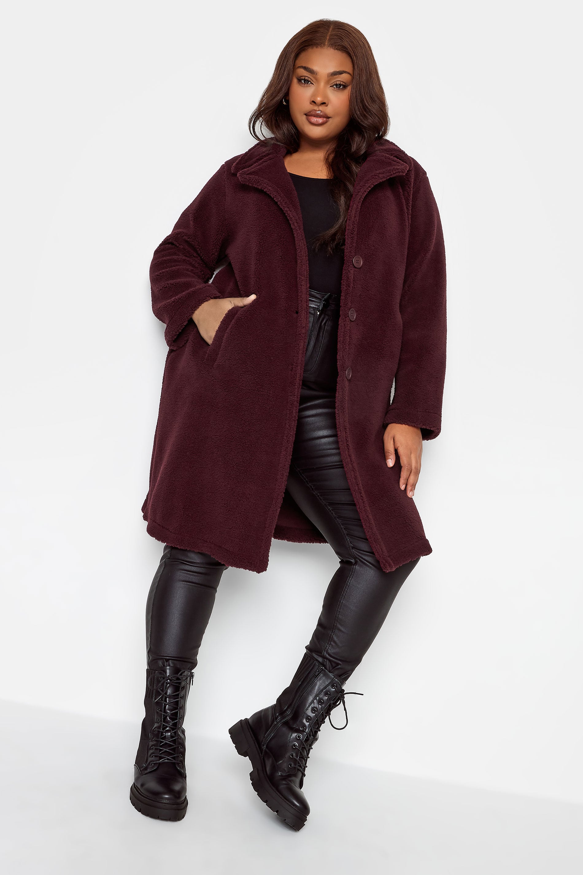 YOURS Curve Plus Size Dark Red Faux Fur Coat | Yours Clothing  3