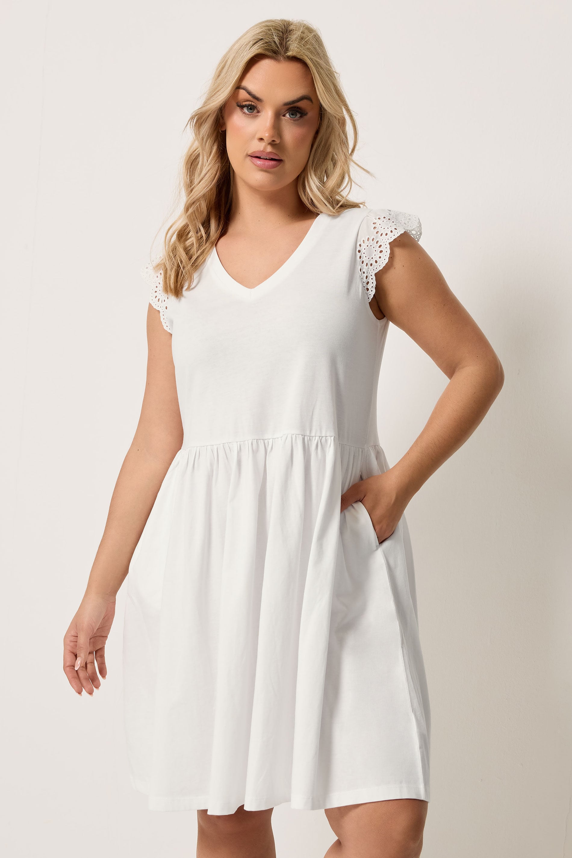 YOURS Plus Size White Broderie Anglaise Peplum Dress | Yours Clothing 3