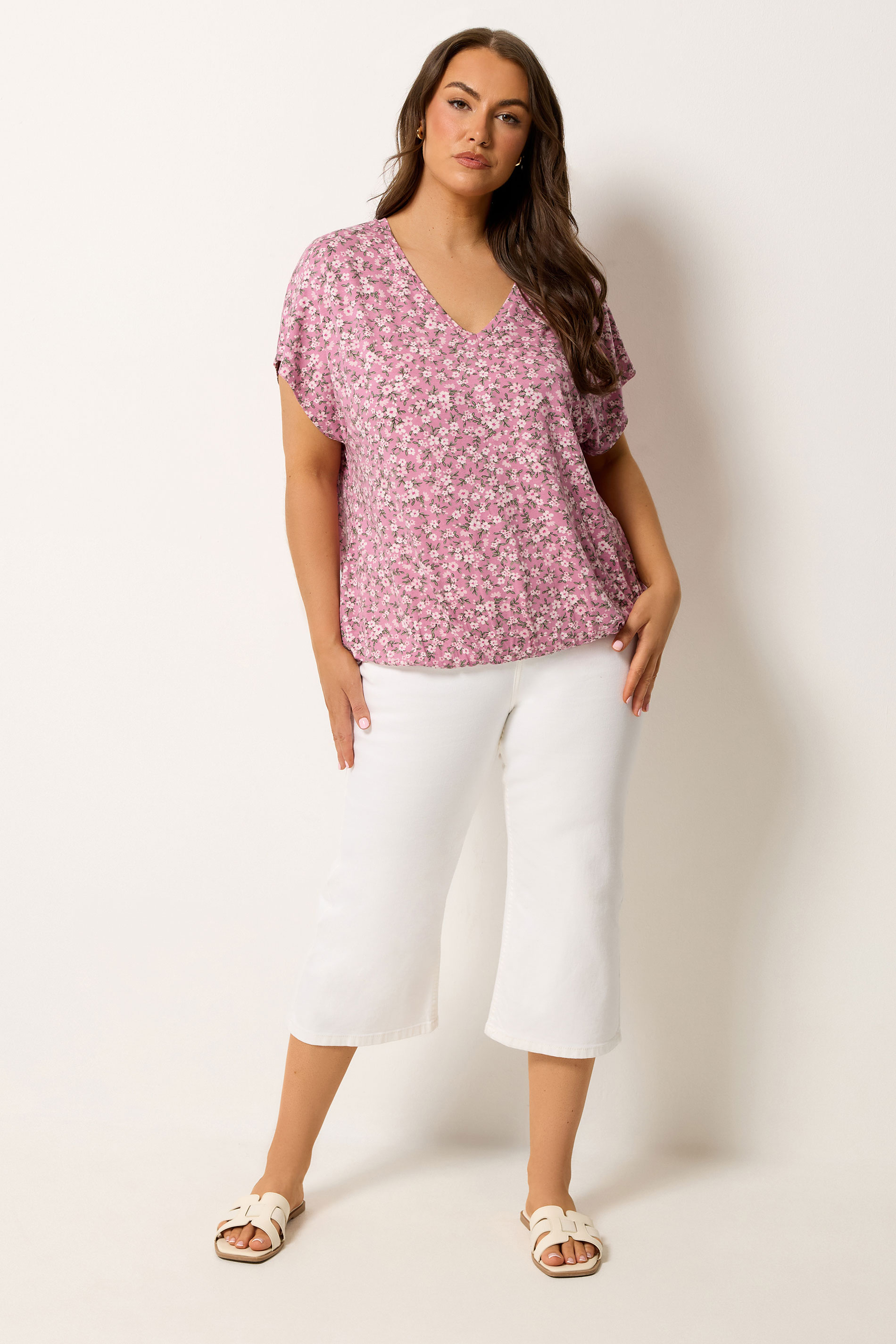 YOURS Plus Size Pink Floral Grown-On Sleeve T-Shirt | Yours Clothing 1