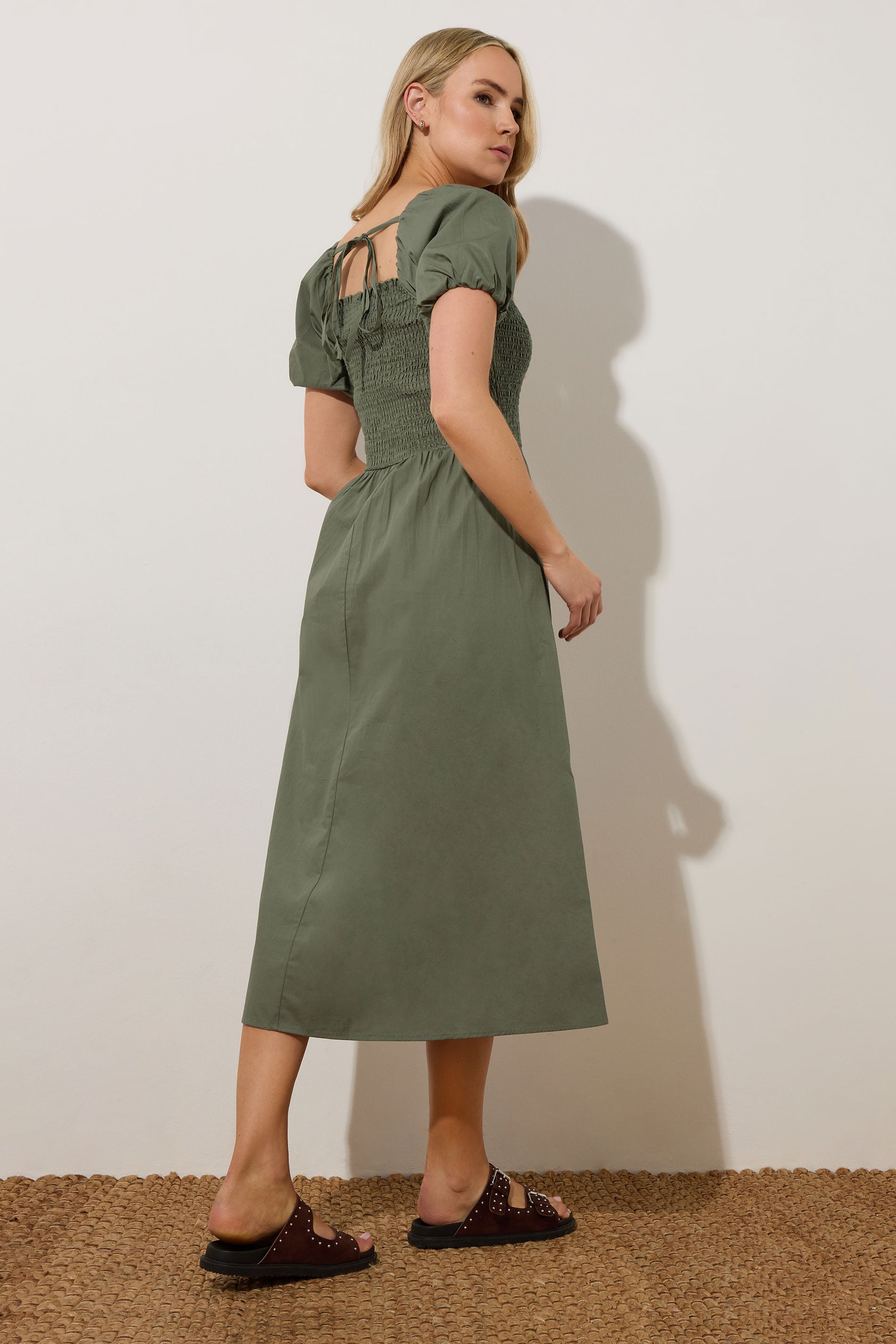 LTS Tall Khaki Green Shirred Cotton Puff Sleeve Midi Dress | Long Tall Sally 5