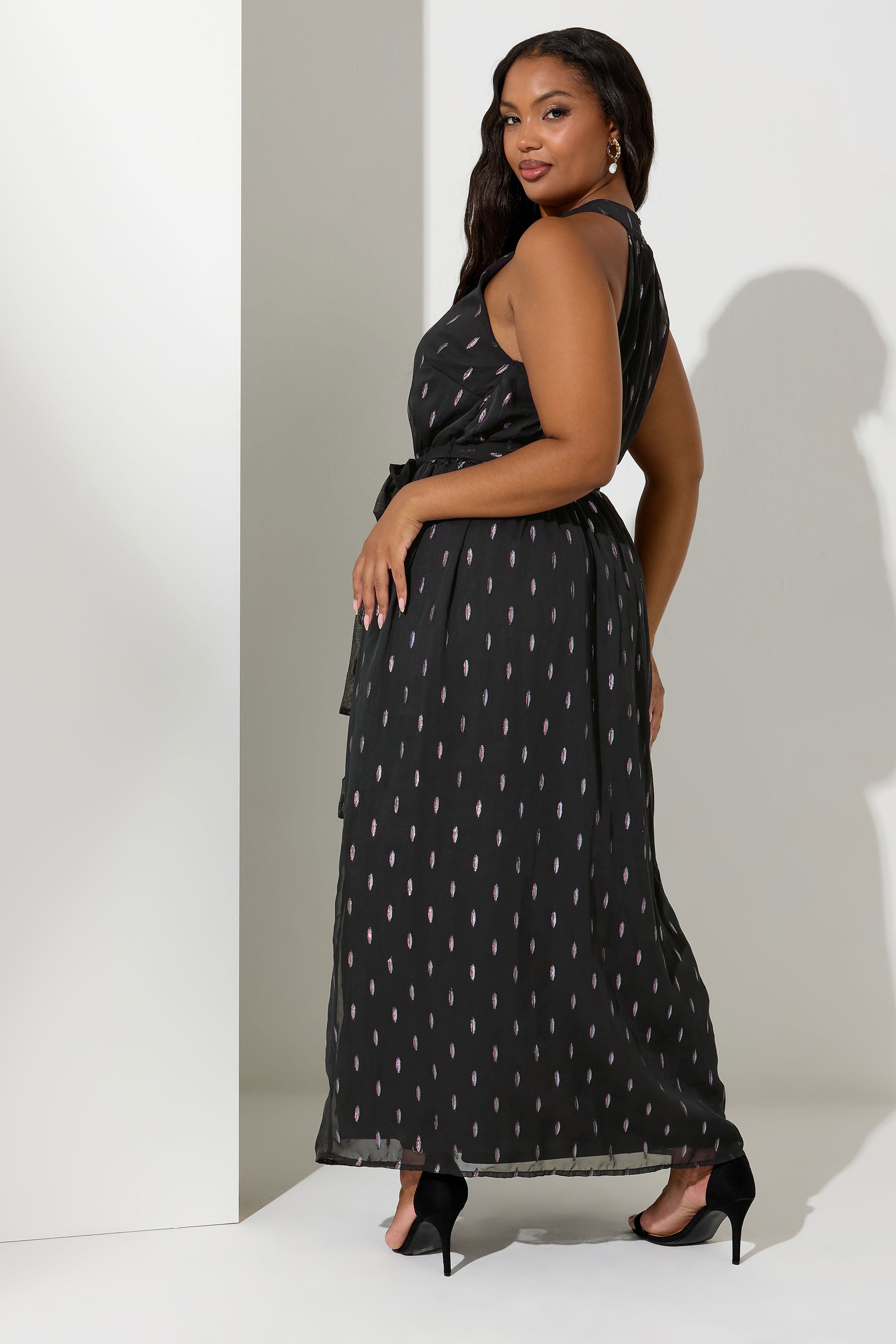 YOURS LONDON Plus Size Black Metallic Spot Print Halterneck Maxi Dress | Yours Clothing 4