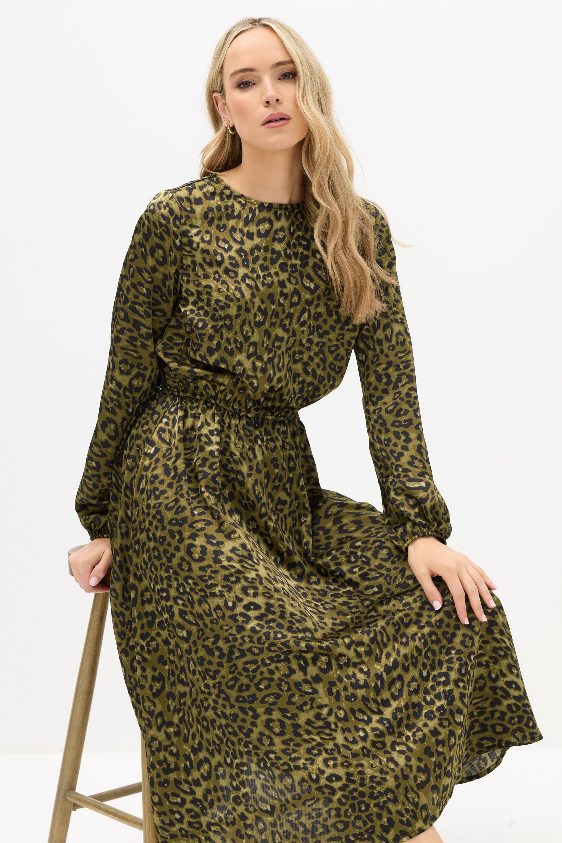 LTS Tall Khaki Green Leopard Print Satin Midi Dress | Long Tall Sally 1