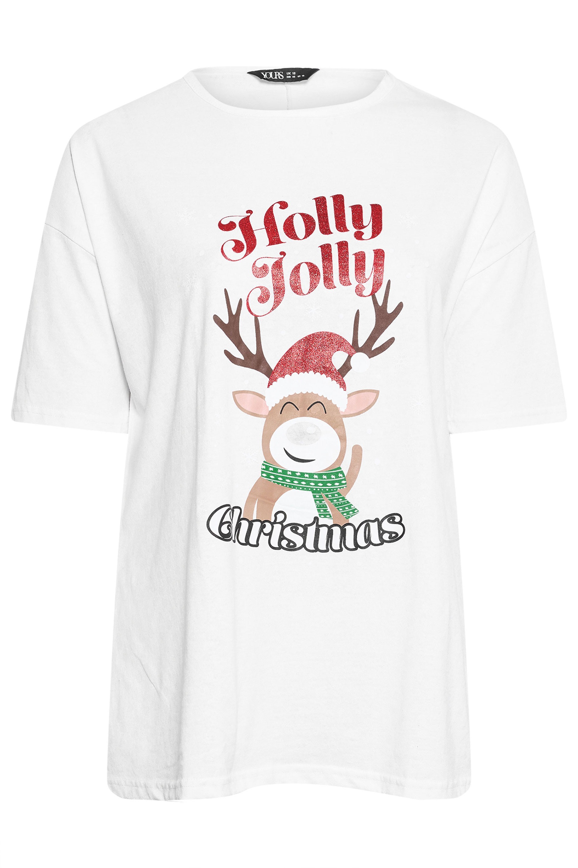 YOURS Plus Size White 'Holly Jolly' Glitter Novelty Christmas Top | Yours Clothing 5