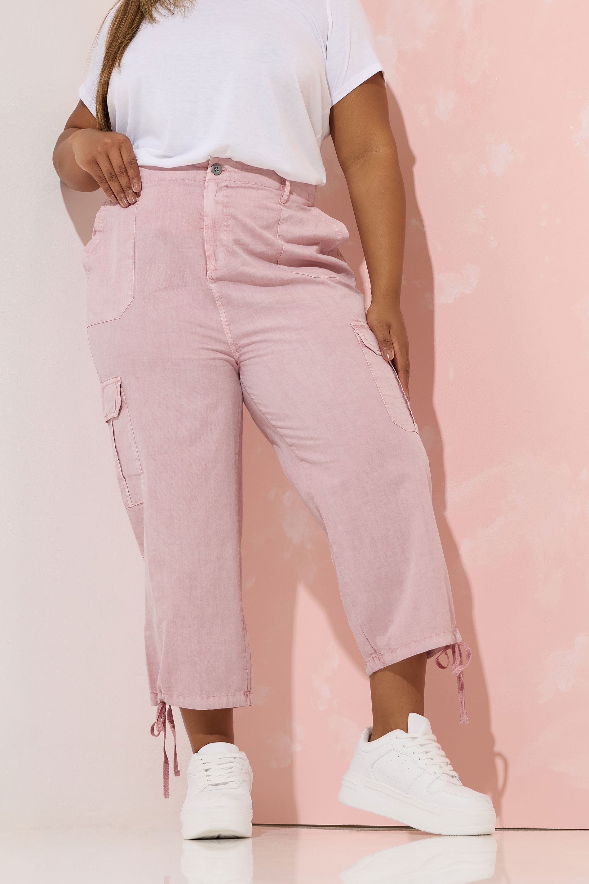 YOURS Plus Size Pink Cotton Cropped Cargo Trousers | Yours Clothing 3
