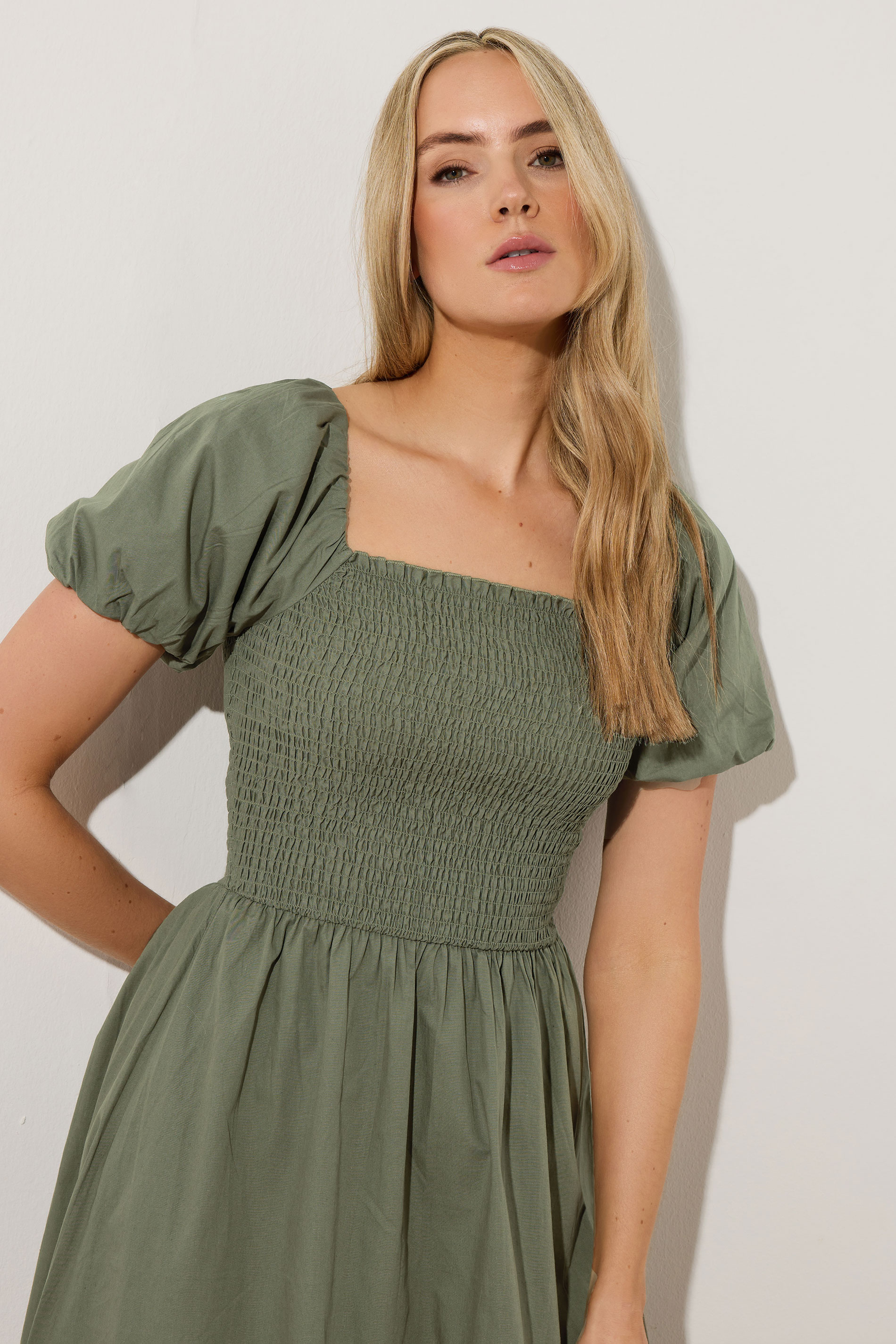 LTS Tall Khaki Green Shirred Cotton Puff Sleeve Midi Dress | Long Tall Sally 6