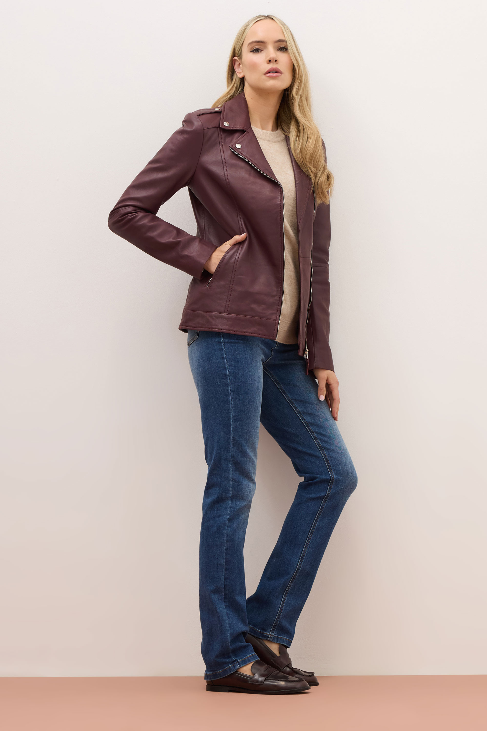 LTS PREMIUM Tall Burgundy Red Leather Biker Jacket | Long Tall Sally 2