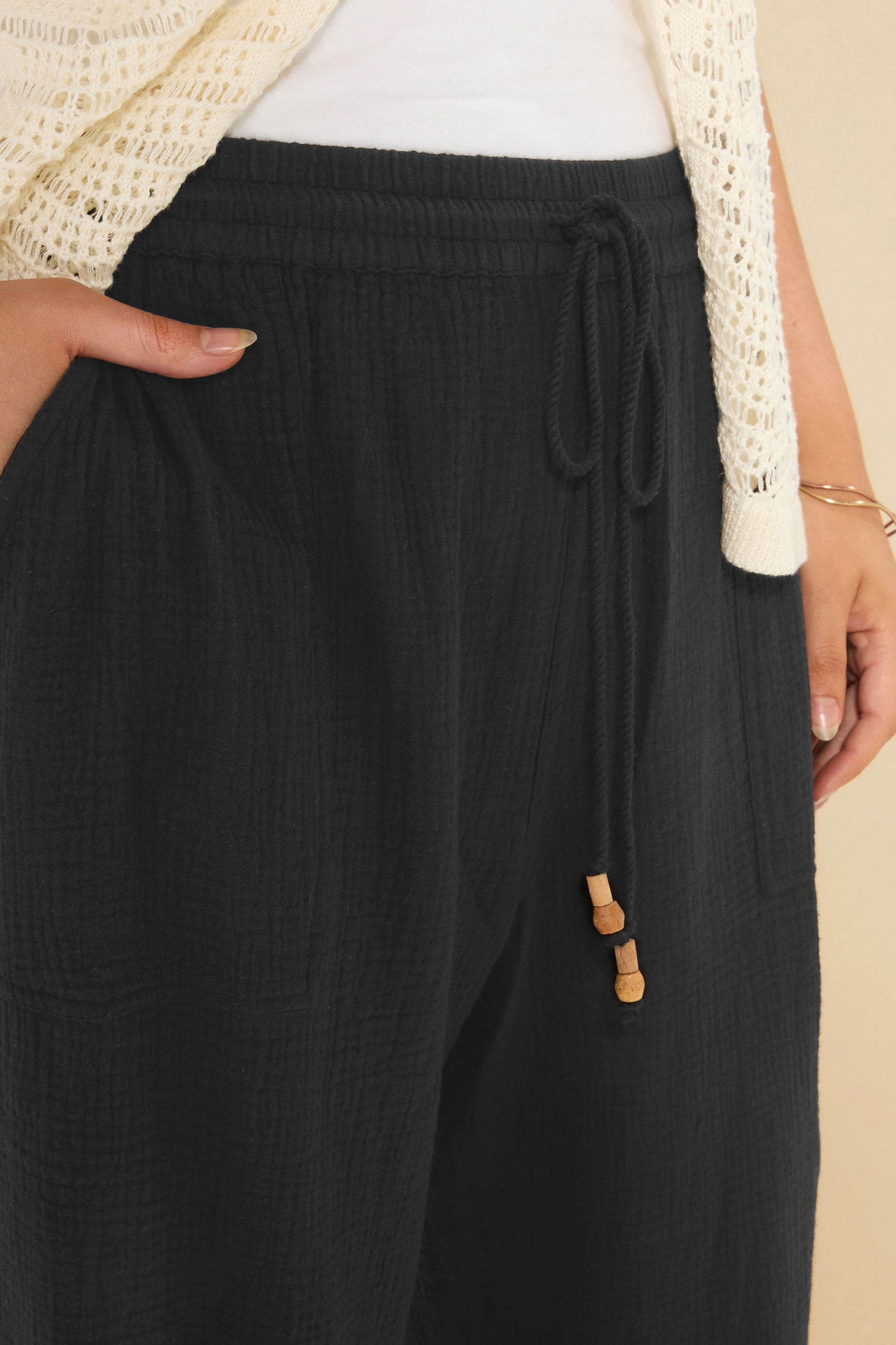 YOURS Plus Size Black Cheesecloth Beaded Wide Leg Trousers | Yours Clothing 4
