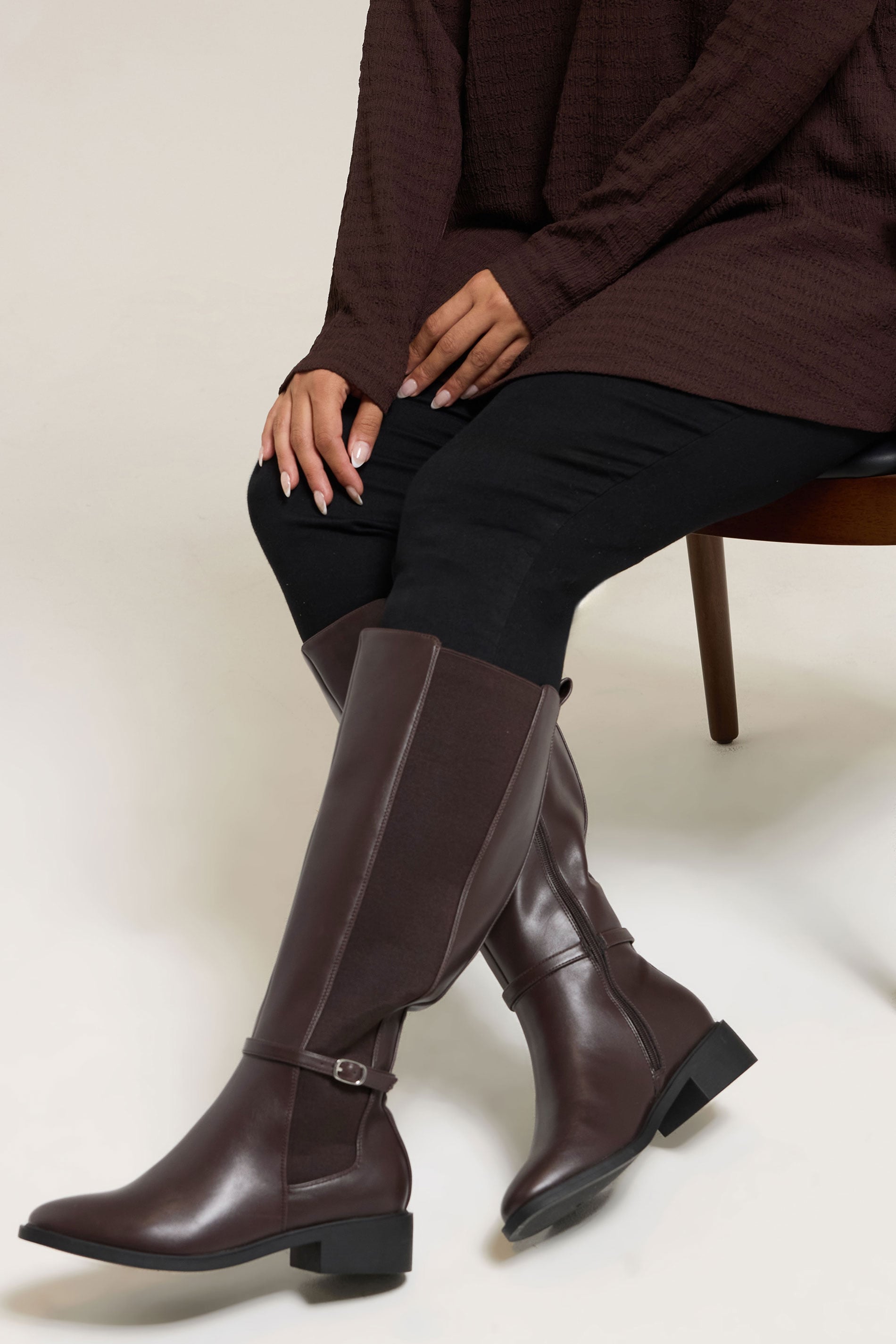 Brown Faux Leather Buckle Knee High Riding Boots In Extra Wide EEE Fit | Yours Clothing 3