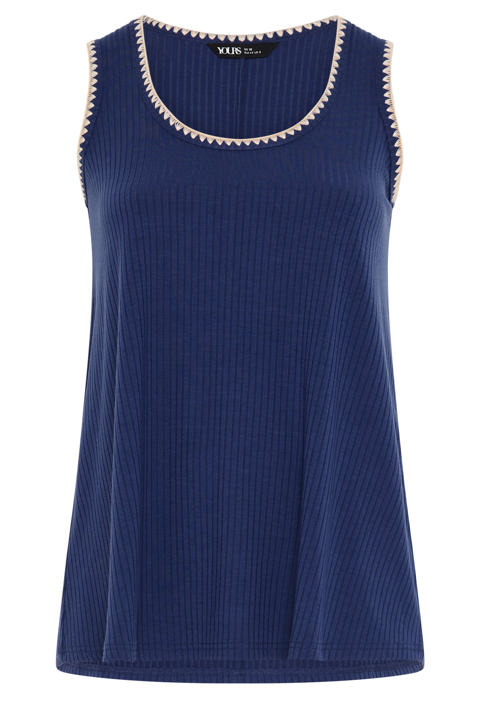 YOURS Plus Size Cobalt Blue Contrast Blanket Stitch Ribbed Vest Top | Yours Clothing 5