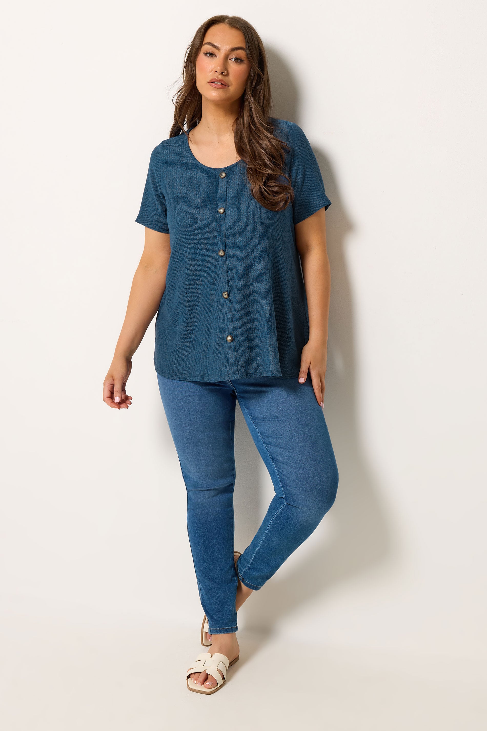 YOURS Plus Size Blue Crinkle T-Shirt | Yours Clothing 1