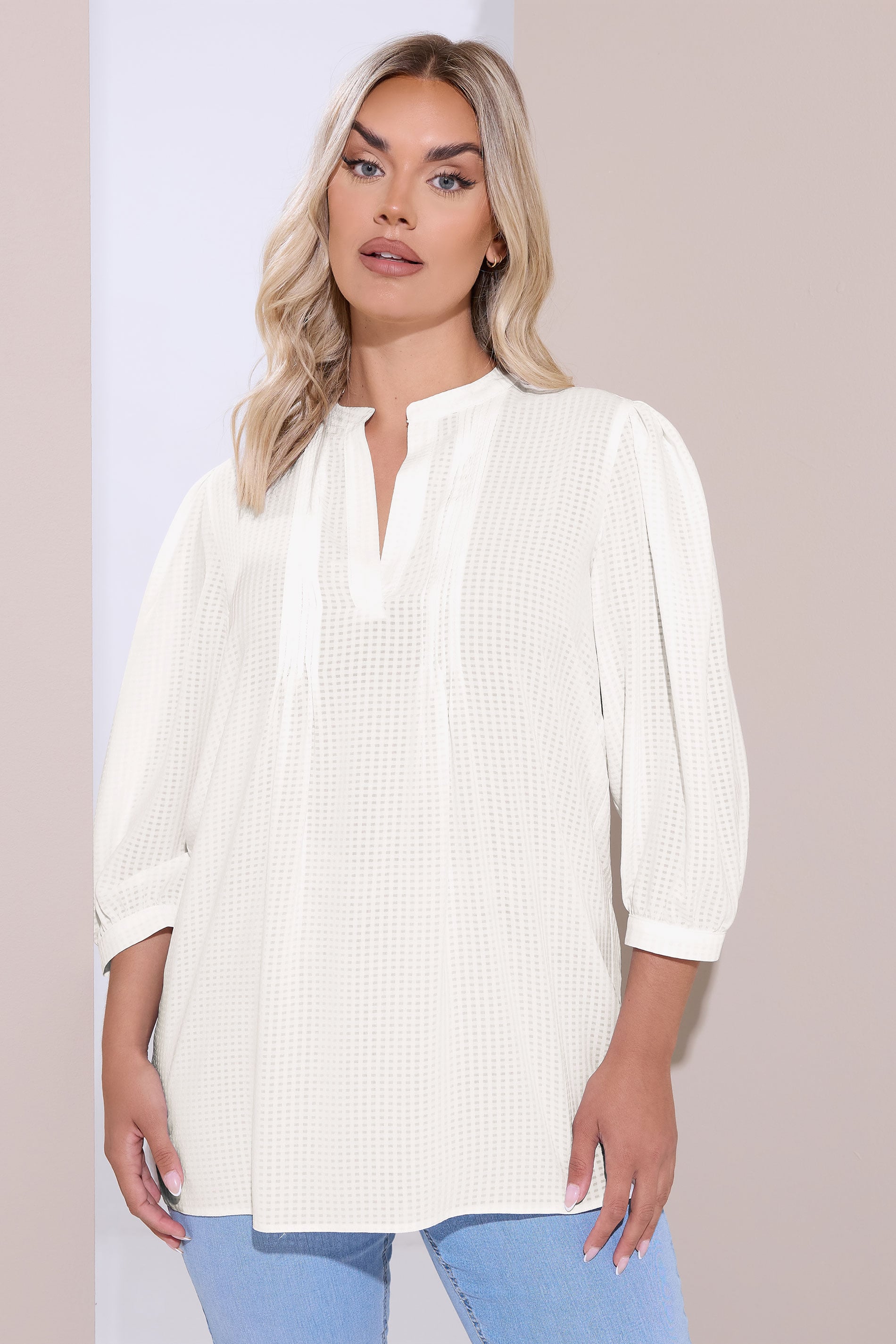 YOURS Plus Size White Woven Check Pintuck Blouse | Yours Clothing 3