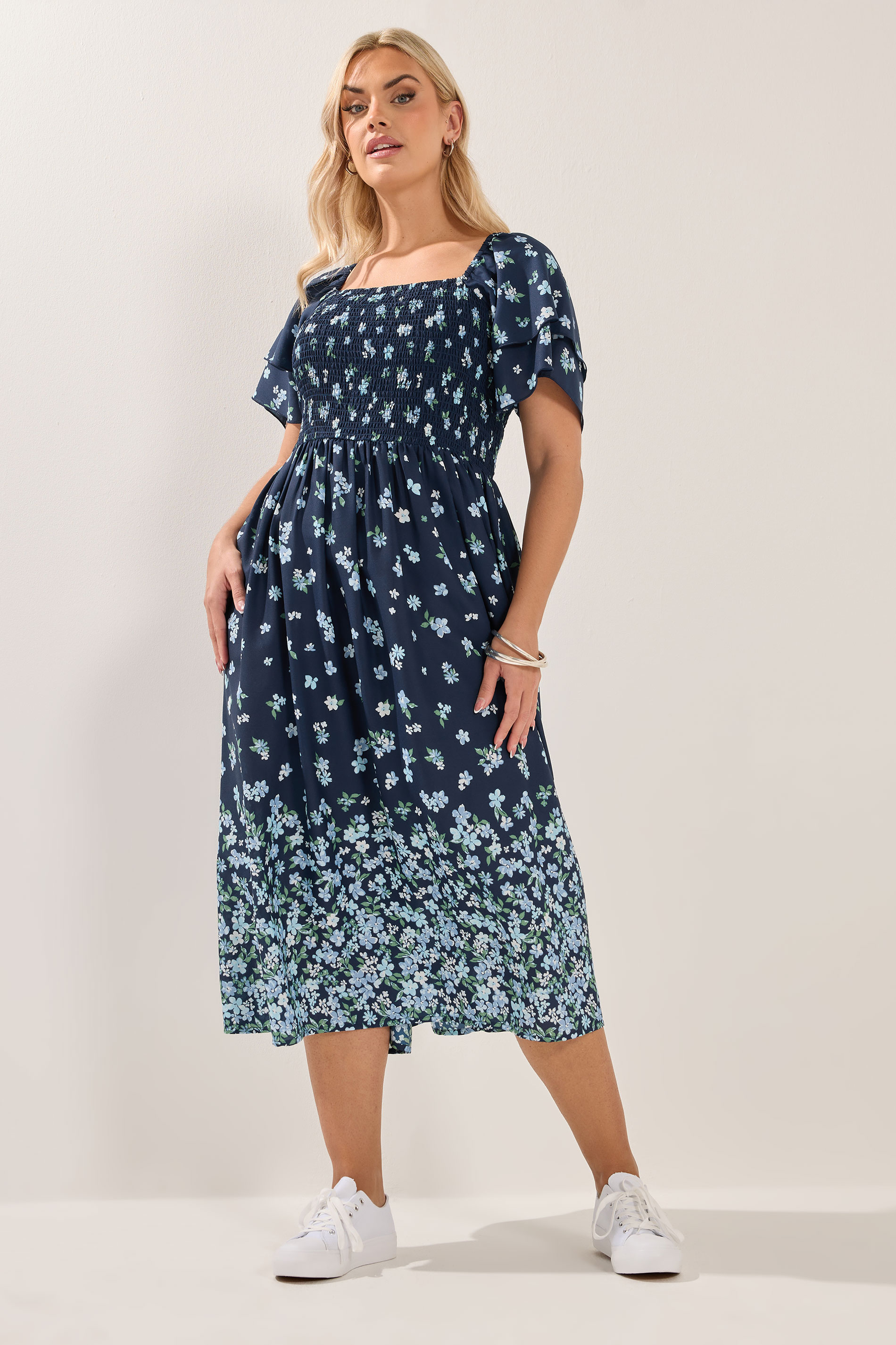 YOURS Plus Size Navy Blue Floral Shirred Maxi Dress | Yours Clothing 1