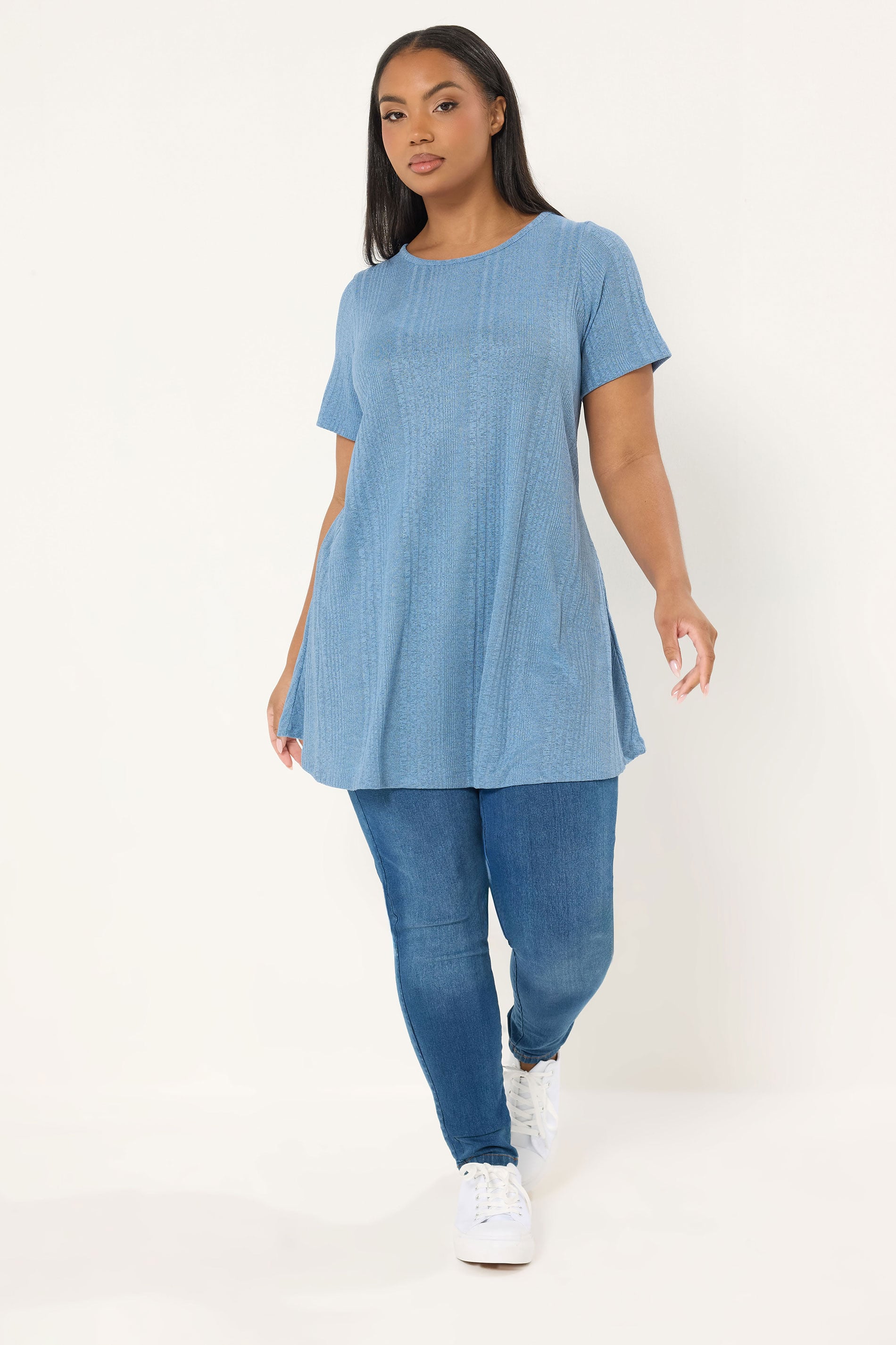 YOURS Plus Size Blue Soft Touch Ribbed Swing T-Shirt | Yours Clothing 1