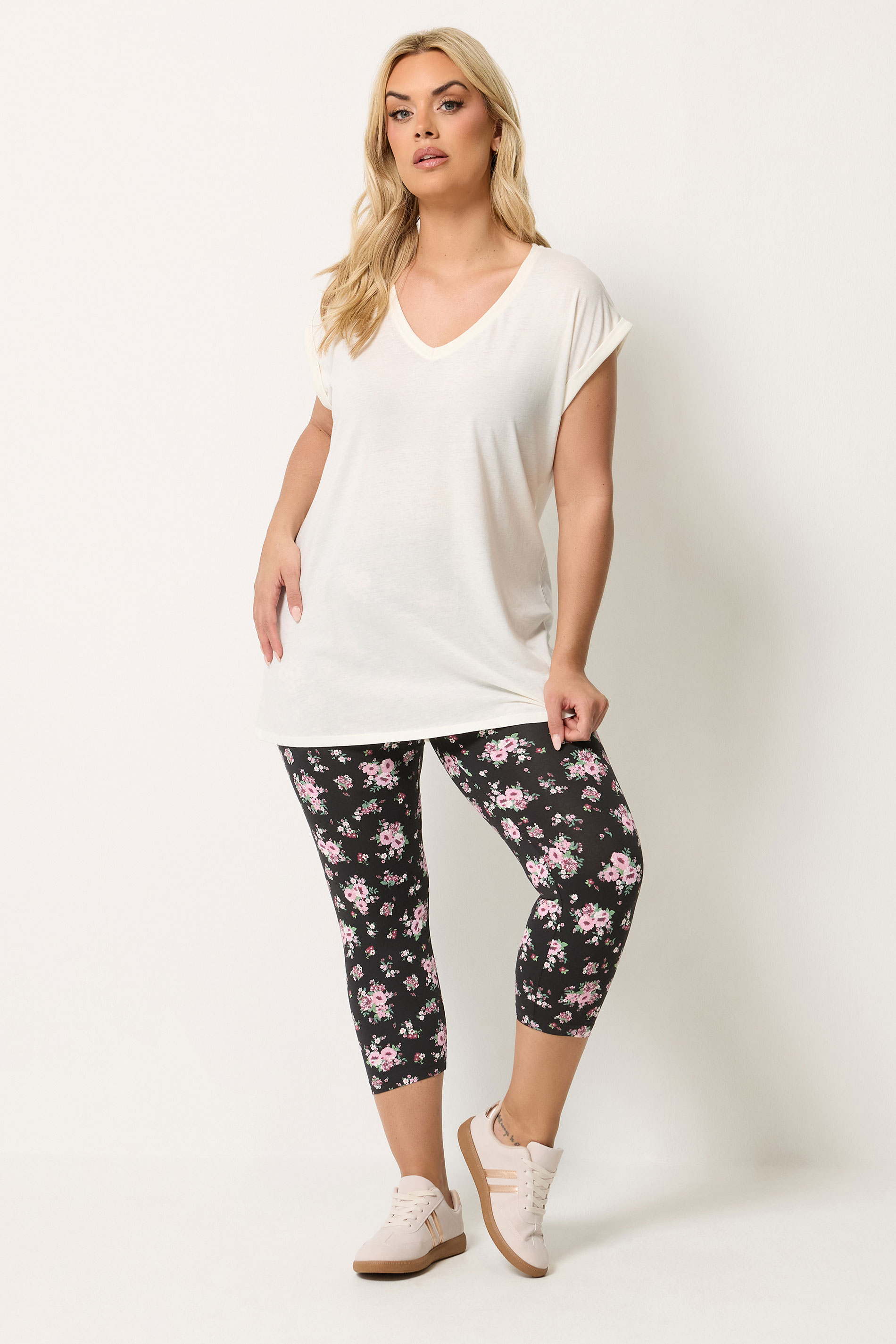 YOURSET 2 PACK Plus Size Black Floral Cropped Leggings | Yours Clothing 2
