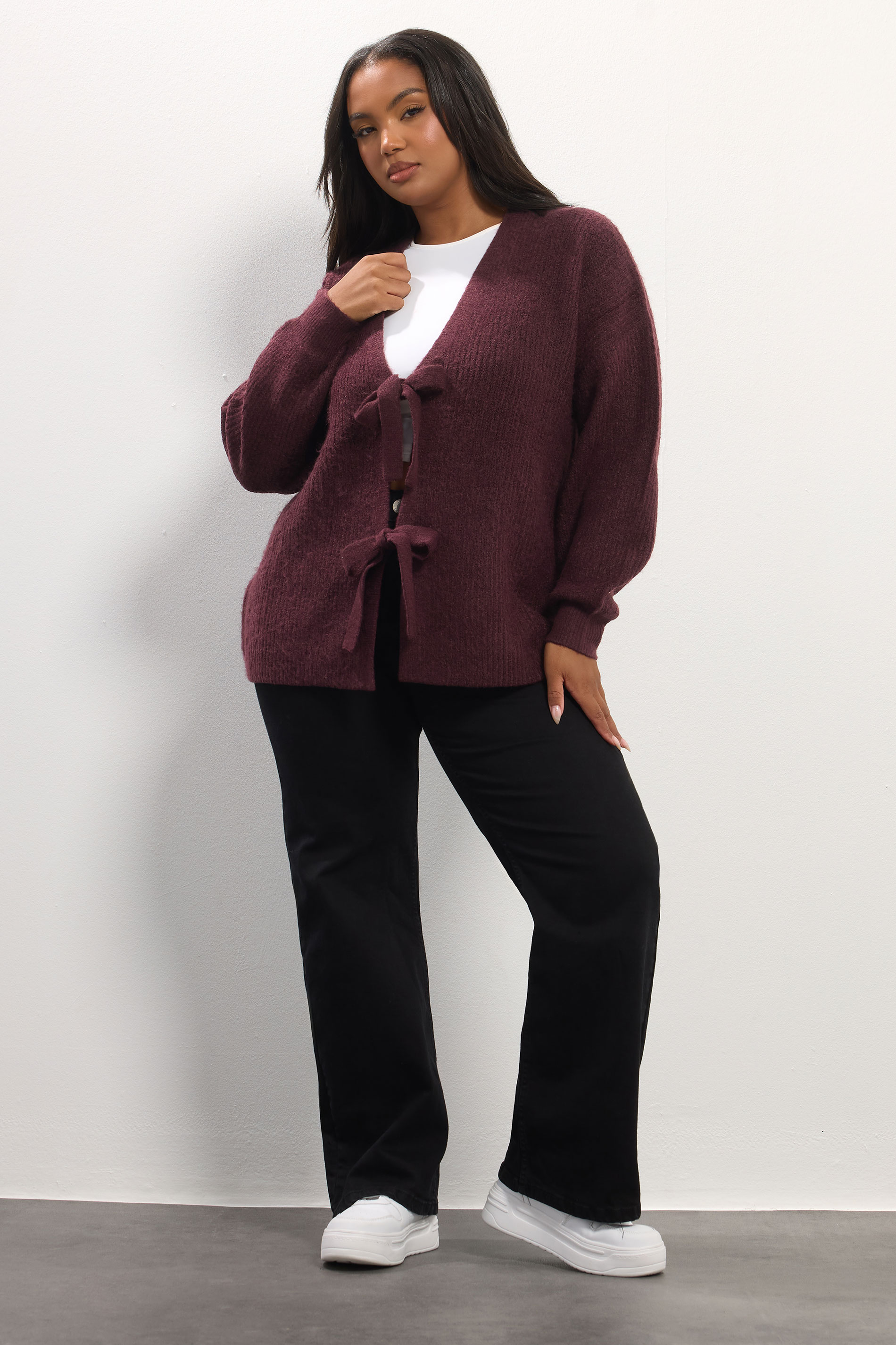 YOURS Plus Size Wine Red Bow Tie Front Cardigan | Yours Clothing 1