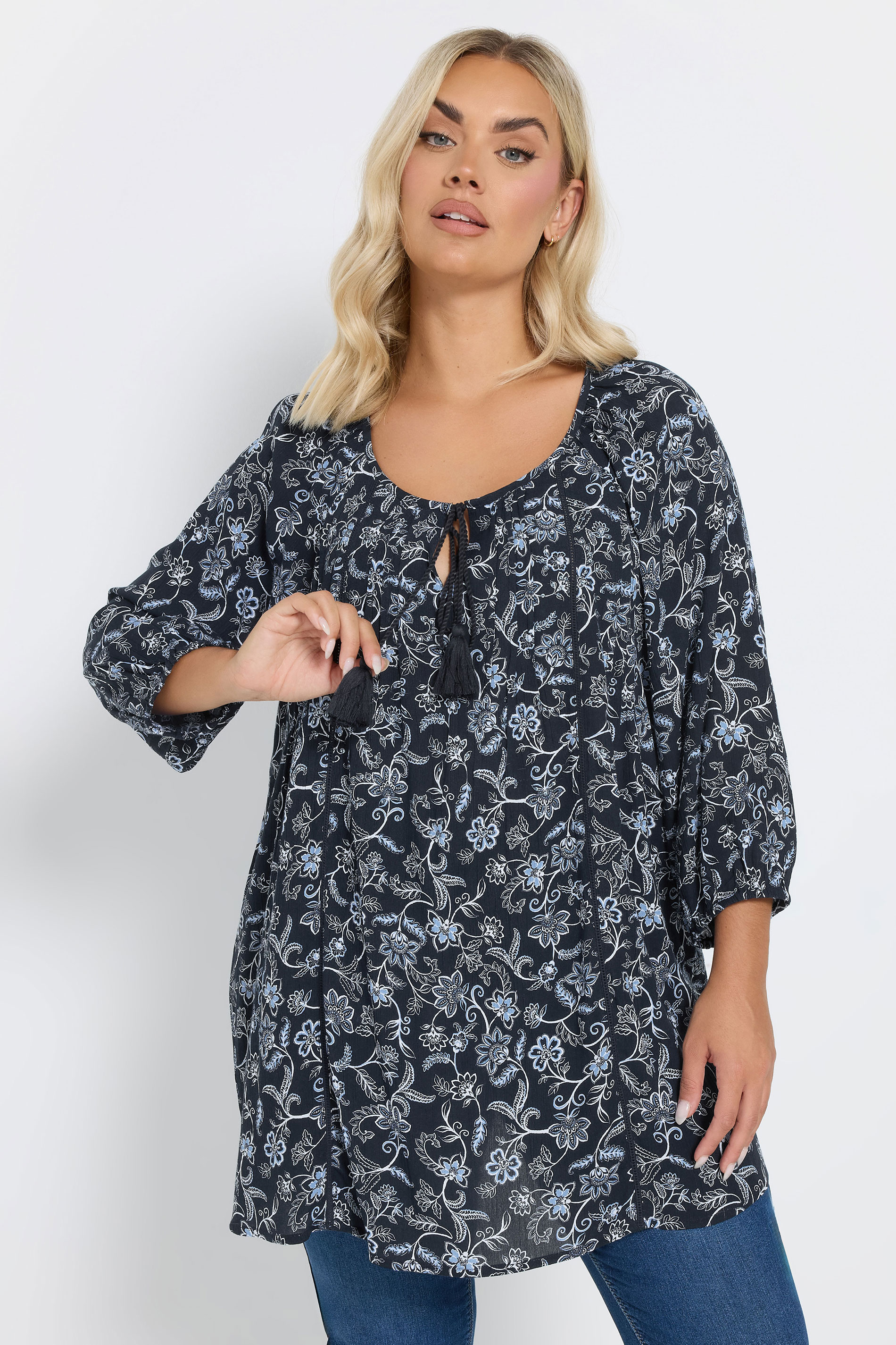 YOURS Plus Size Navy Blue Floral Print Tie Front Top | Yours Clothing 1