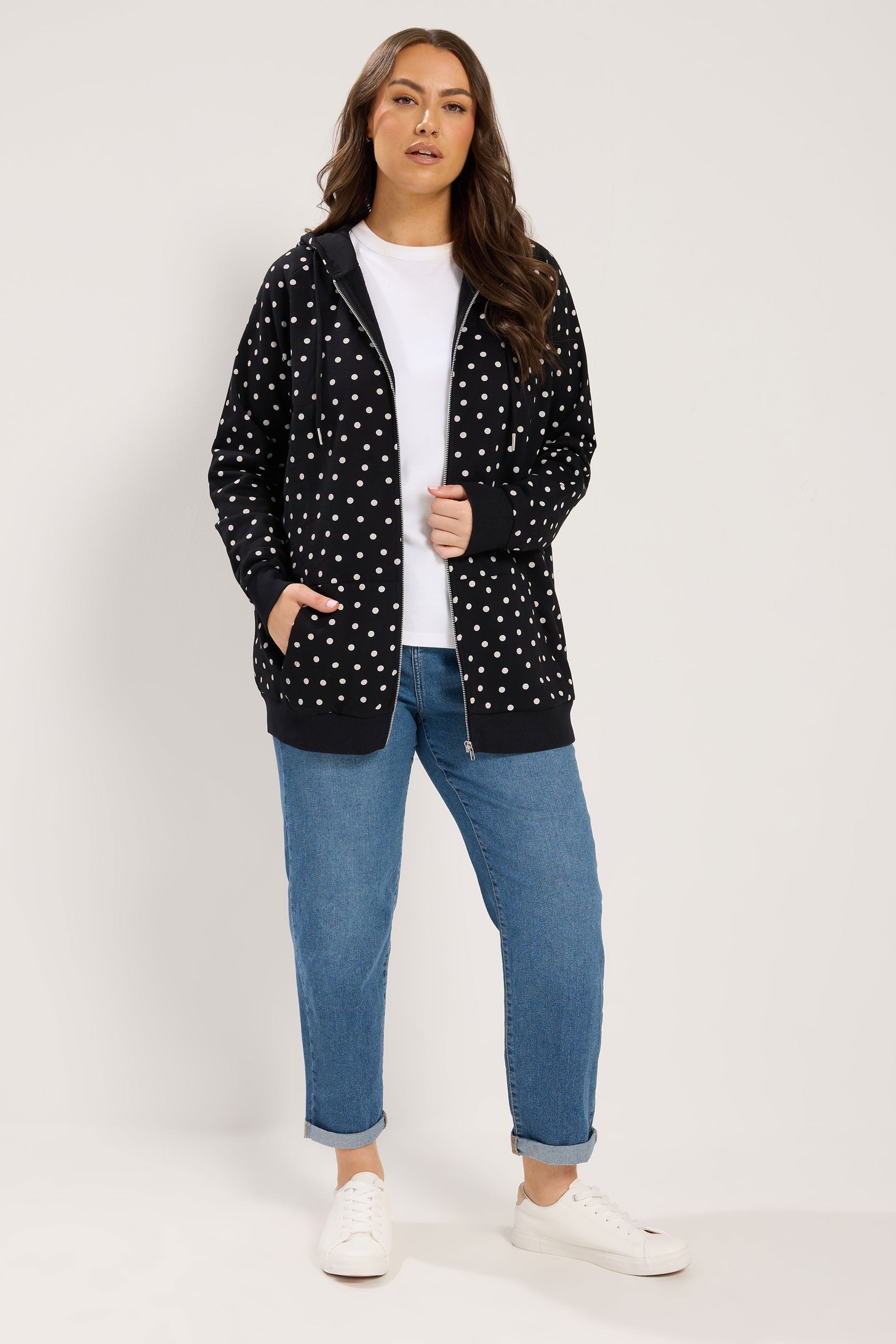 YOURS Plus Size Black Polka Dot Zip Through Raglan Hoodie | Yours Clothing 2