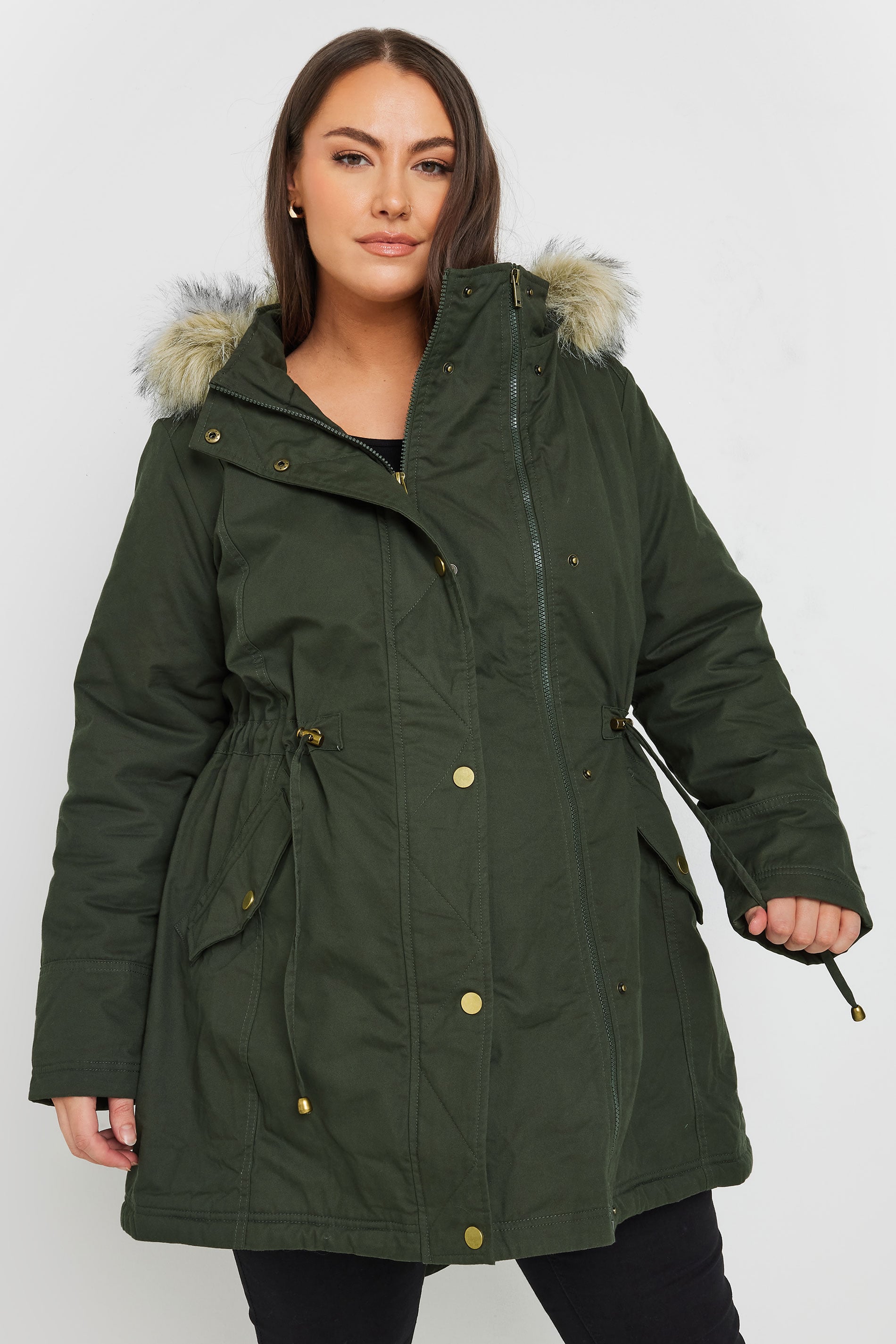 BUMP IT UP MATERNITY Khaki Green Fur Trim Parka | Yours Clothing 1
