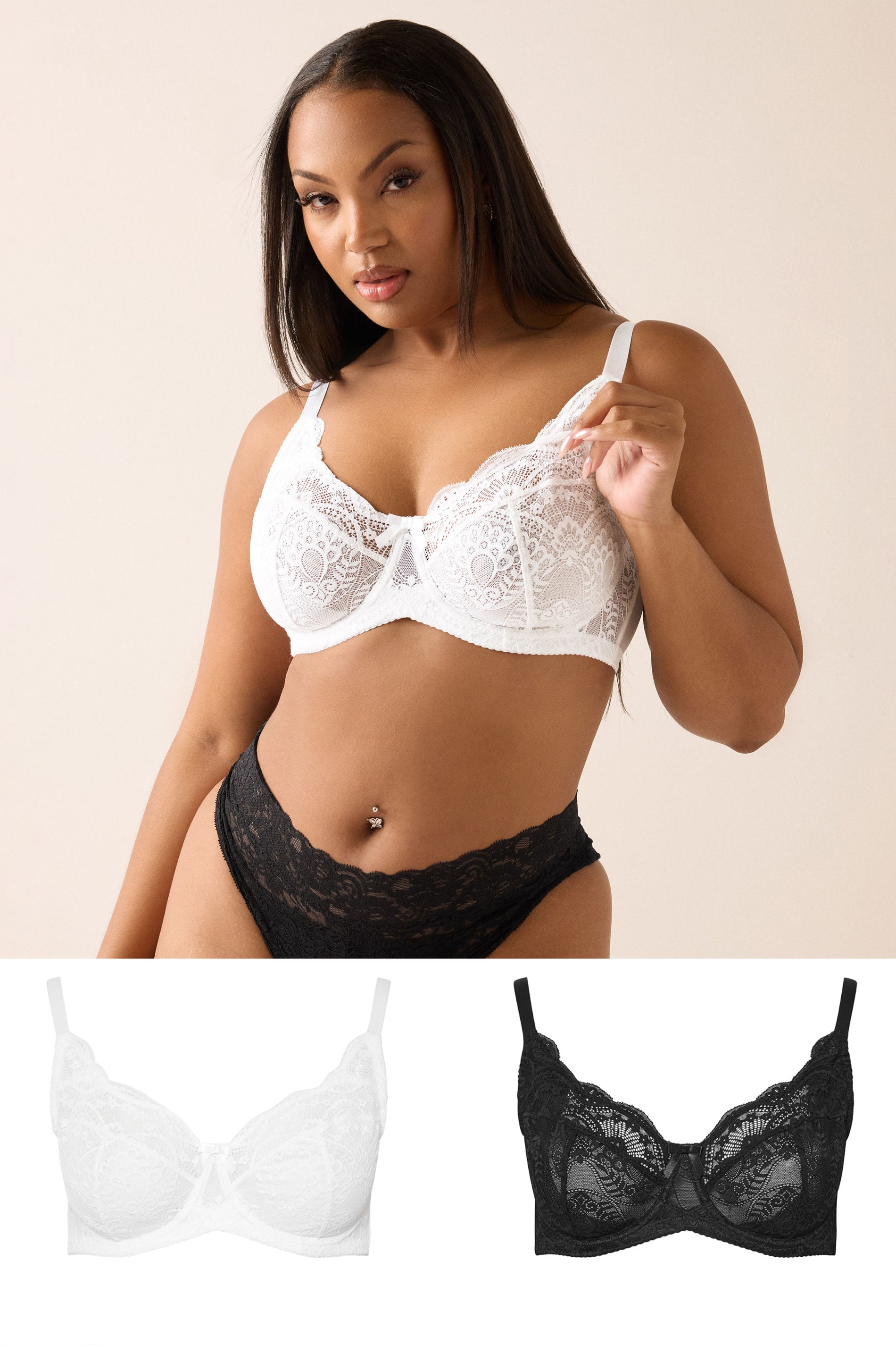 YOURS 2 PACK Plus Size Black & White Swirl Lace Bras | Yours Clothing 1