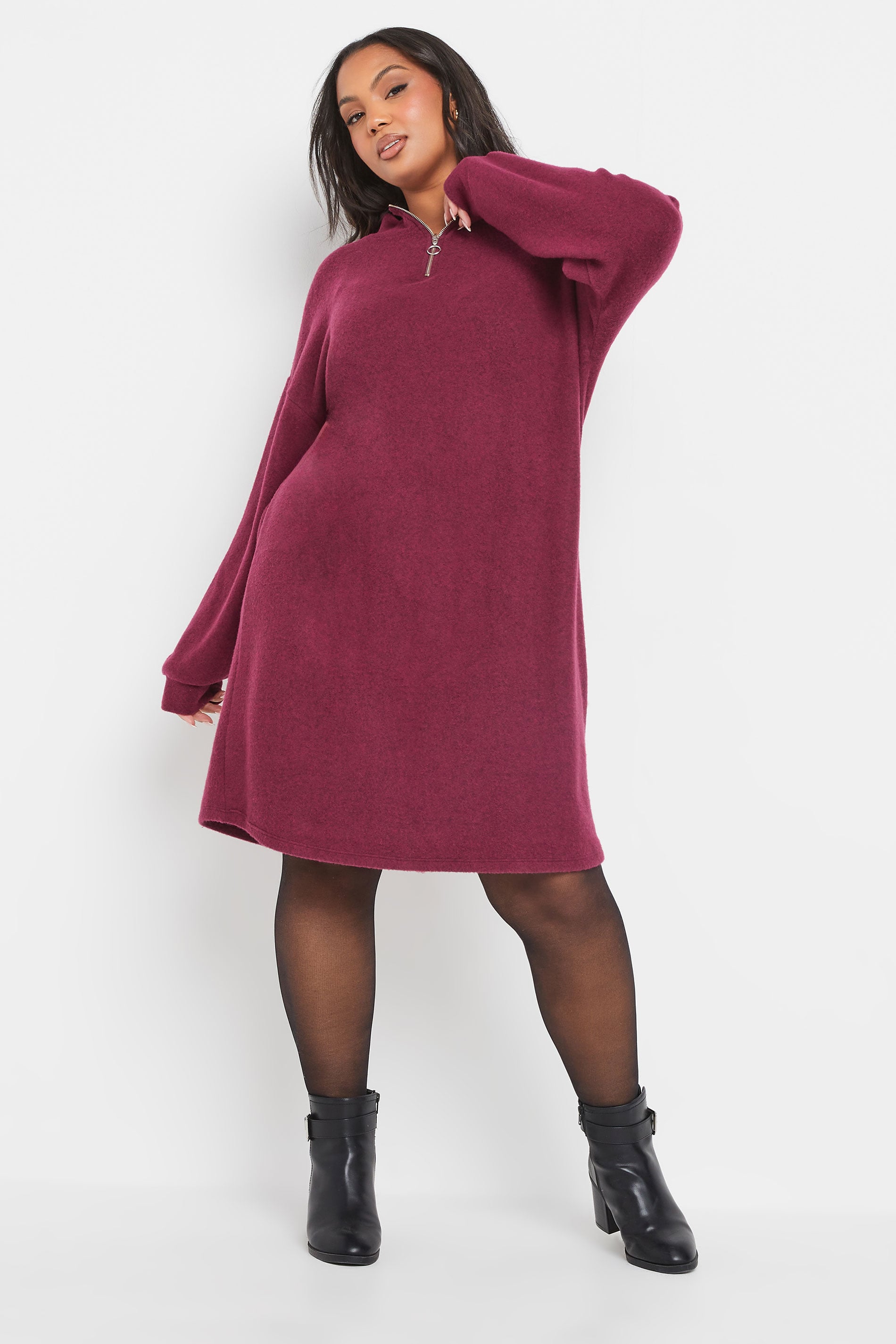 YOURS Plus Size Dark Pink Soft Touch Zip Jumper Dress | Yours Clothing 3