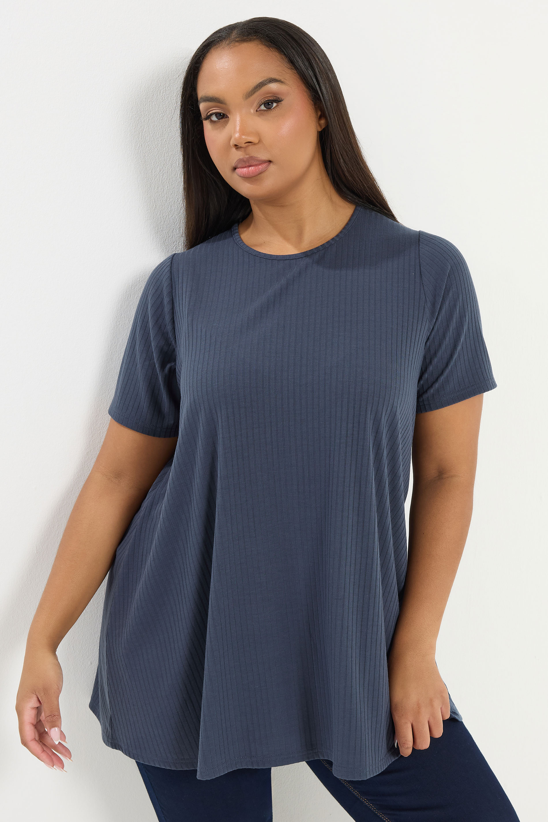 YOURS Plus Size Slate Grey Ribbed Swing Top | Yours Clothing 3