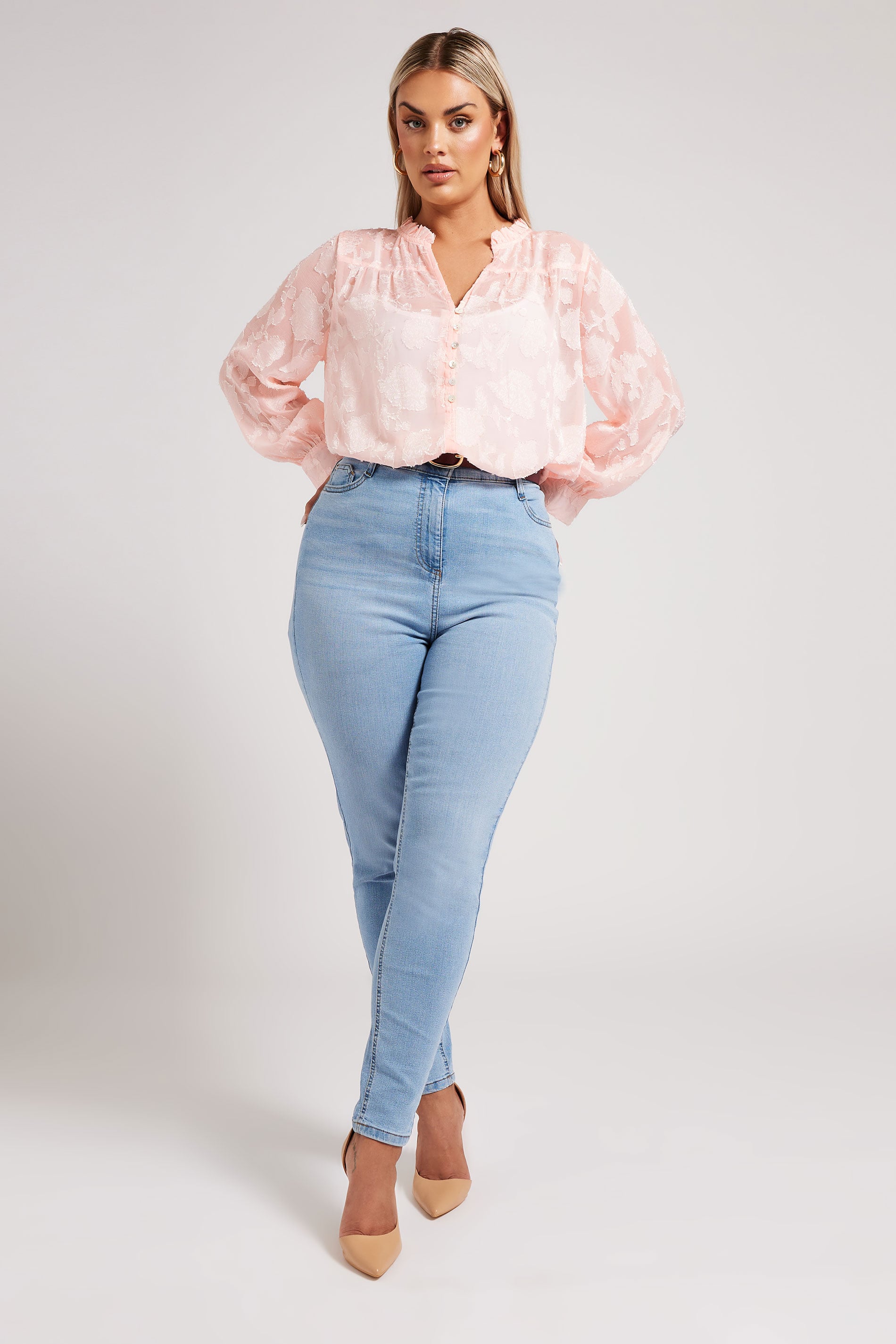 YOURS LONDON Plus Size Pink Floral Jacquard Burnout Blouse | Yours Clothing 1