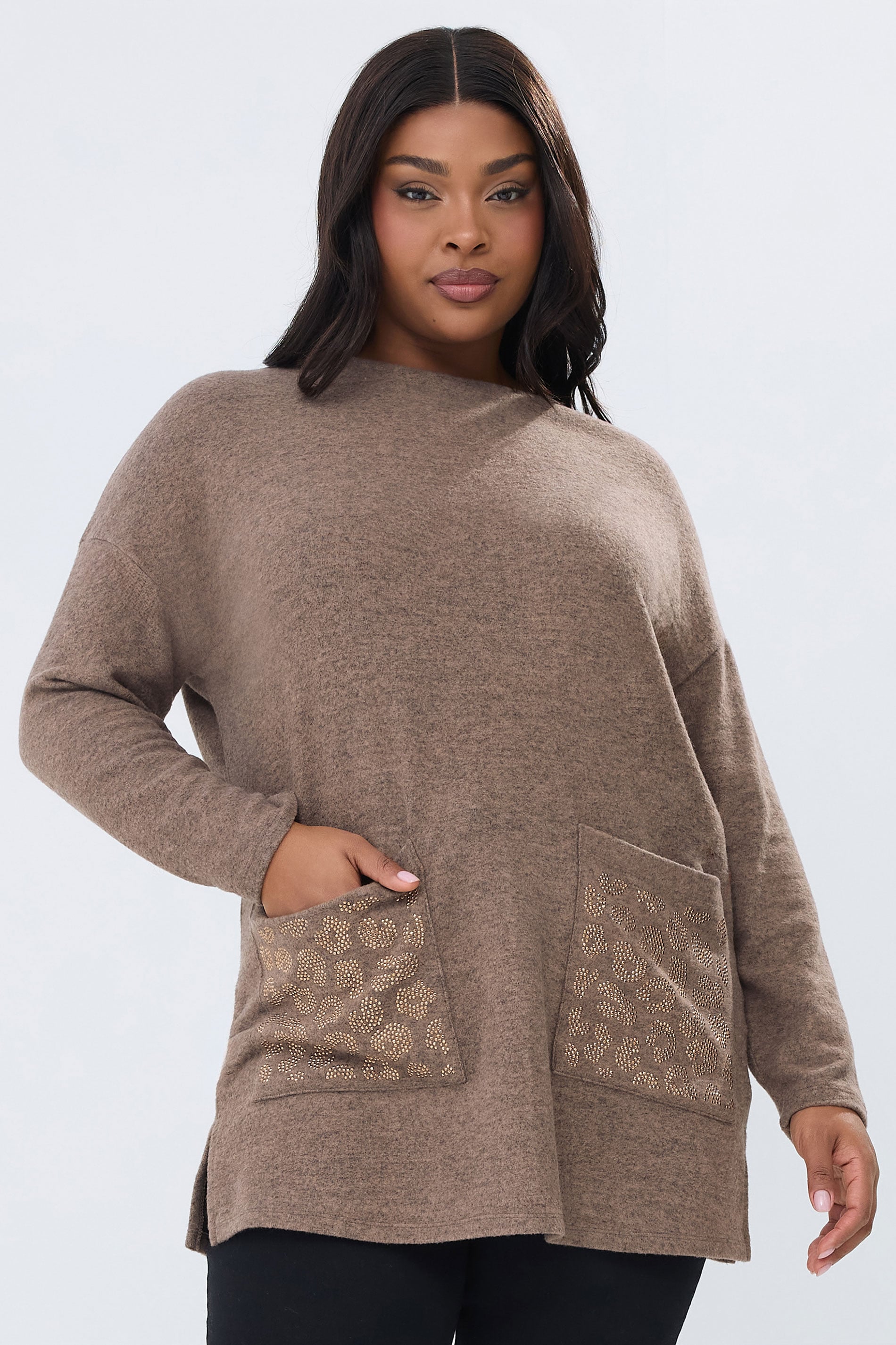 YOURS Plus Size Brown Leopard Diamante Embellished Pocket Top | Yours Clothing 3