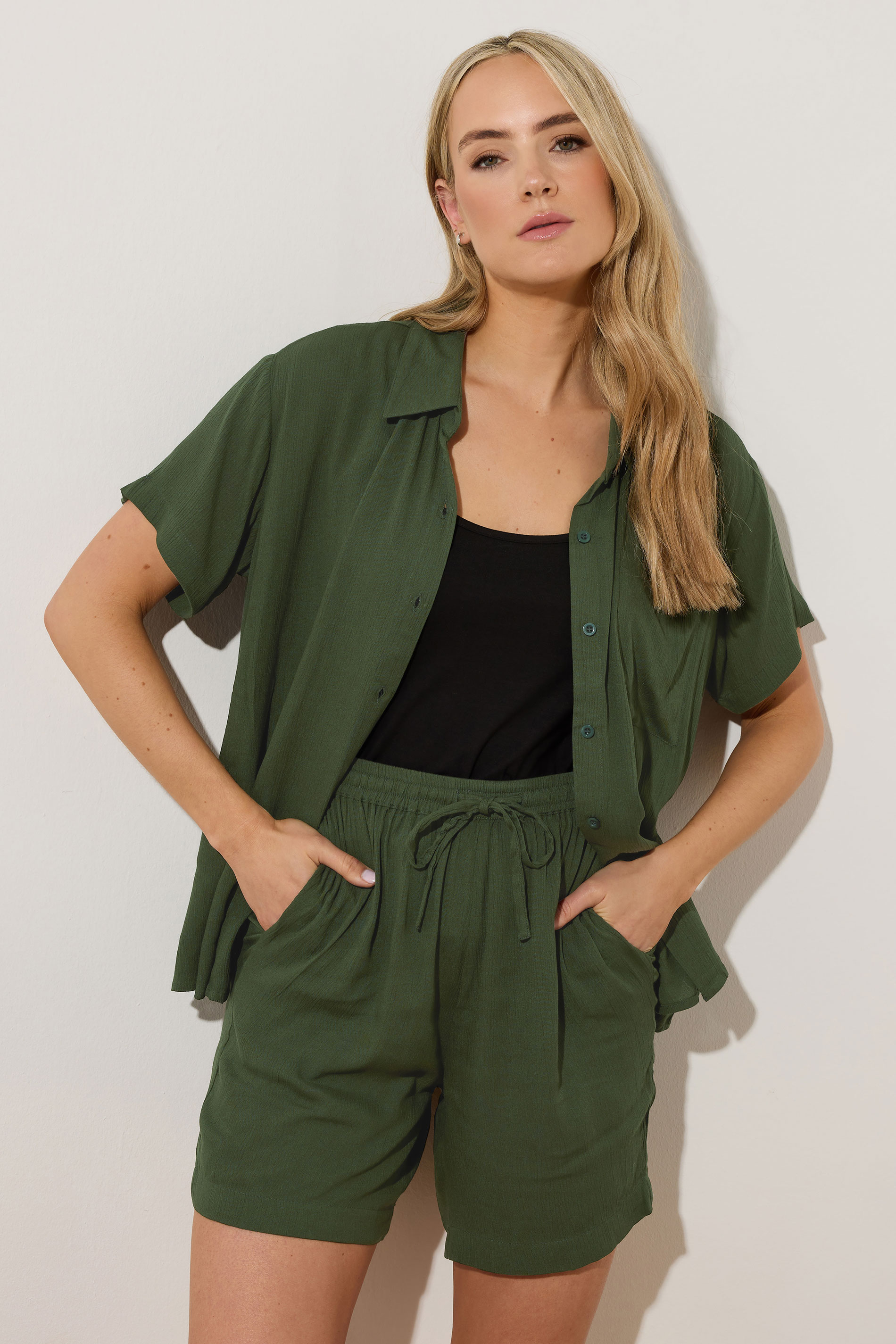LTS Tall Khaki Green Cotton Crinkle Shorts | Long Tall Sally 1