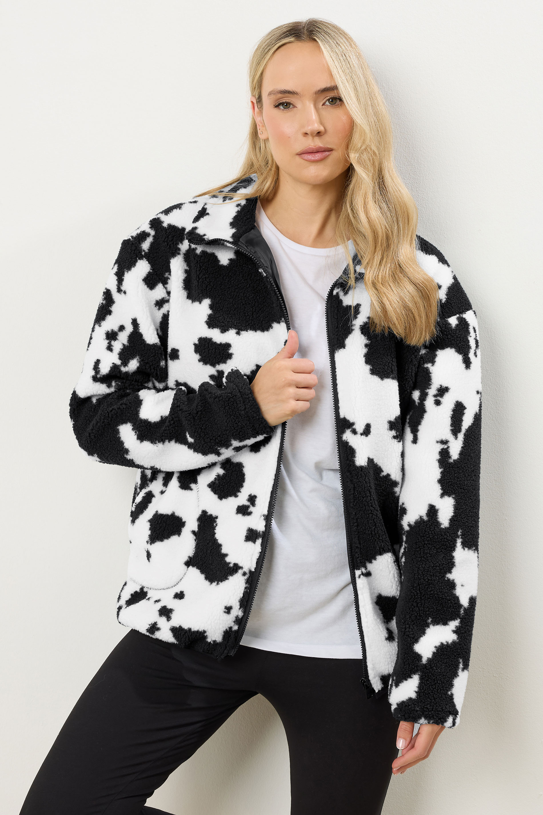LTS Tall Black Cow Print Zip Fleece Jacket | Long Tall Sally 3