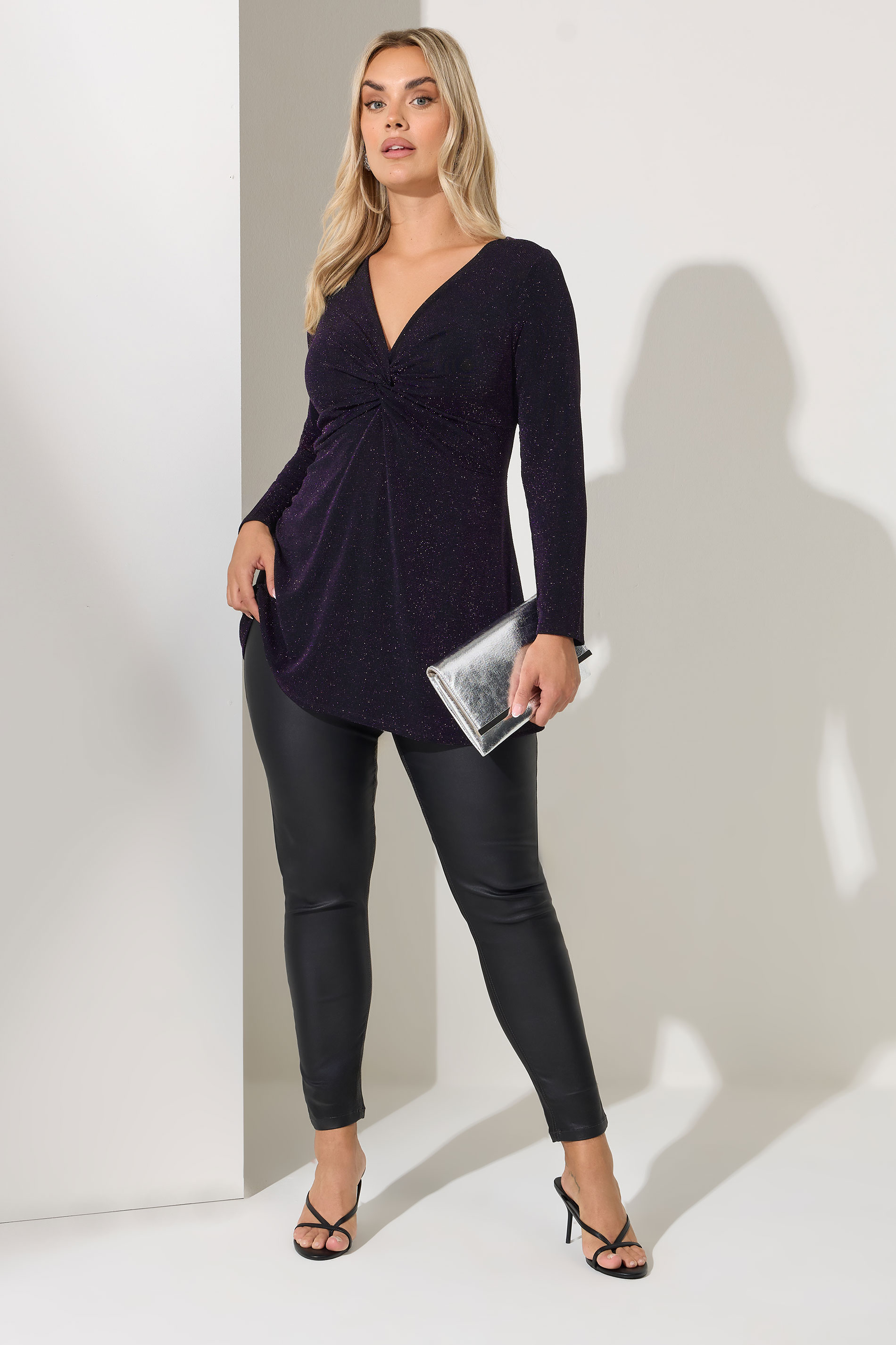 YOURS LONDON Plus Size Purple Metallic Knot Front Top | Yours Clothing 1
