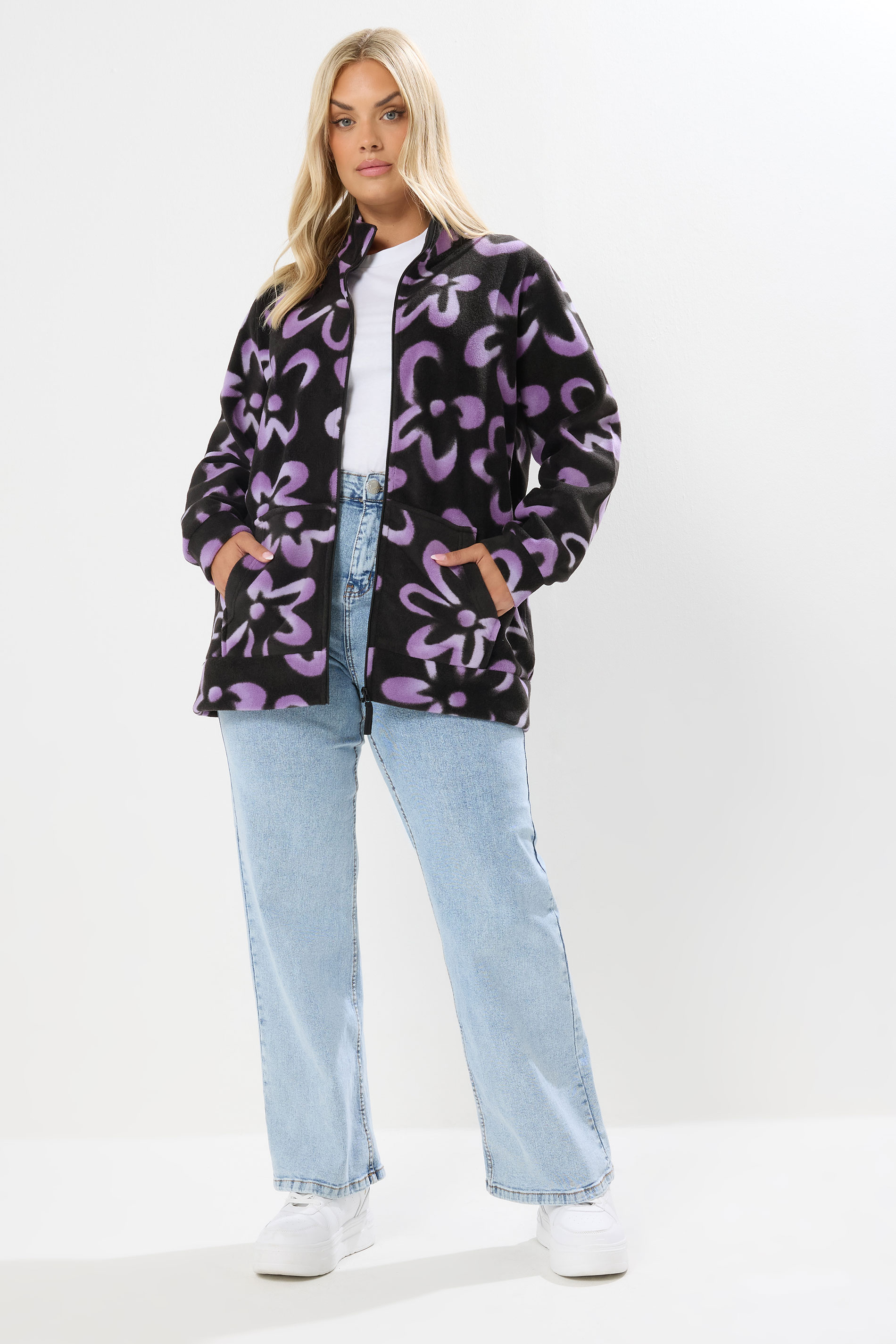 YOURS Plus Size Black Floral Zip Through Fleece Jacket | Yours Clothing 1