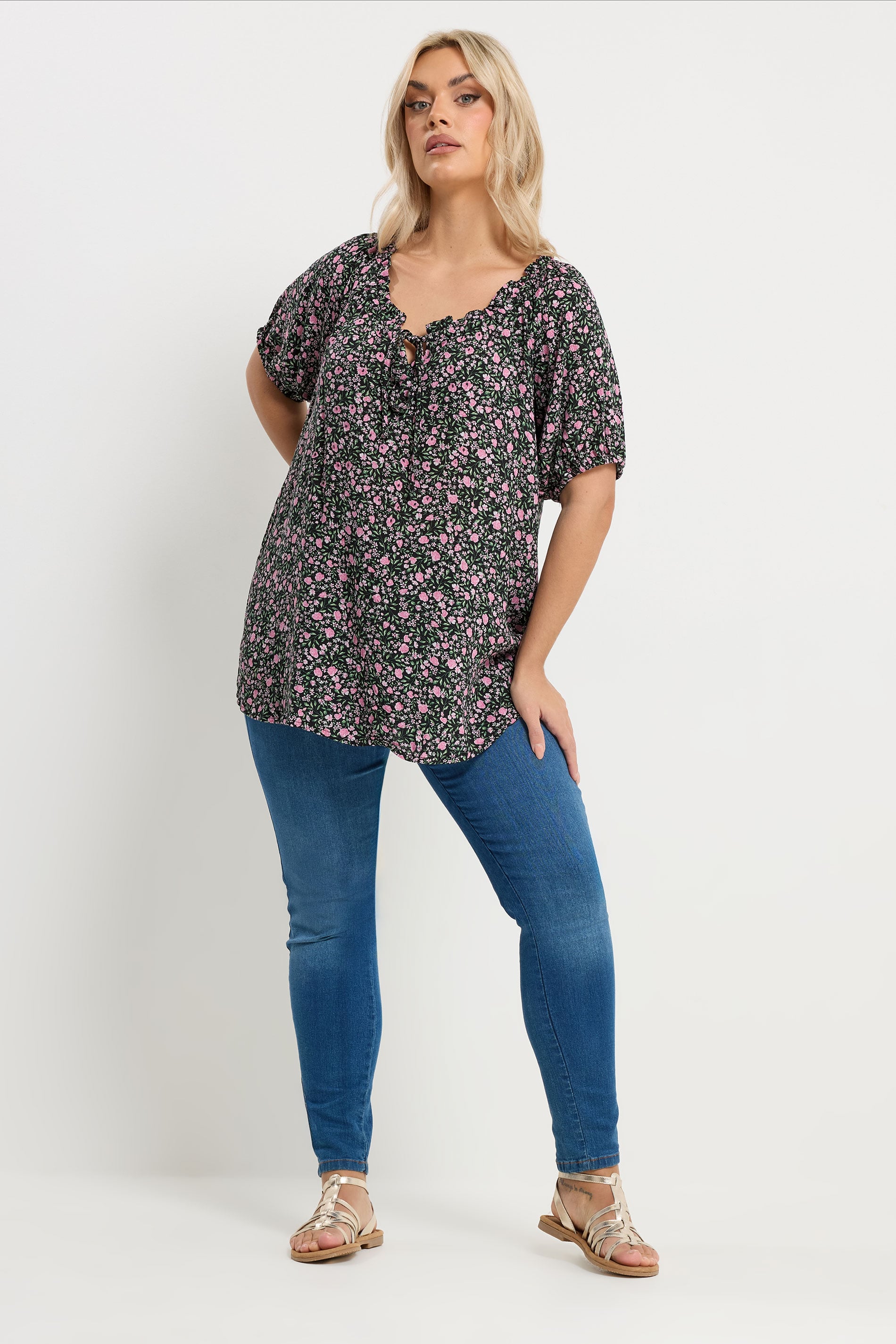 YOURS Plus Size Pink Textured Ditsy Floral Print Top | Yours Clothing 1