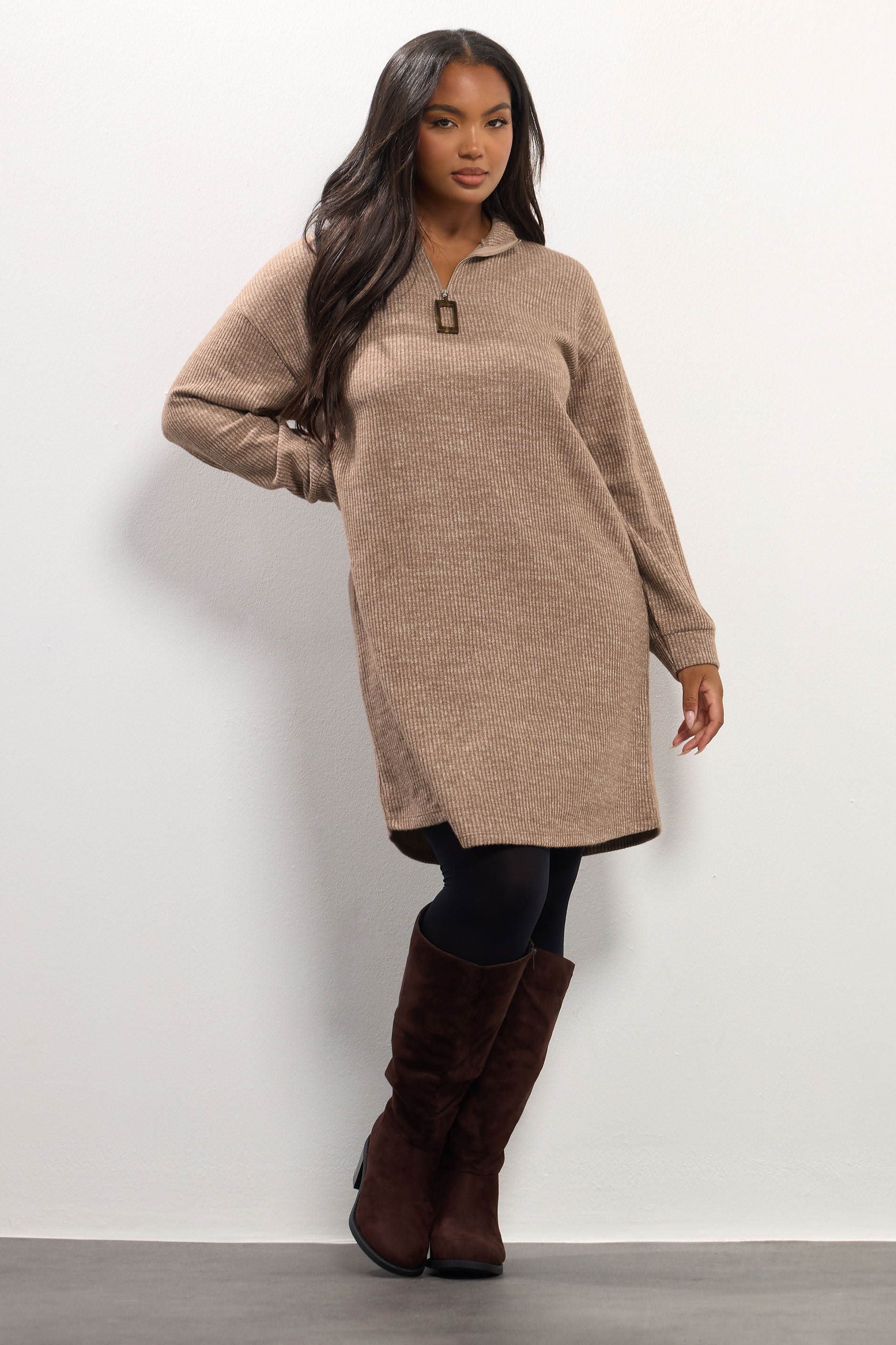 YOURS Plus Size Natural Brown Ribbed Quarter Zip Jumper Dress | Yours Clothing 1