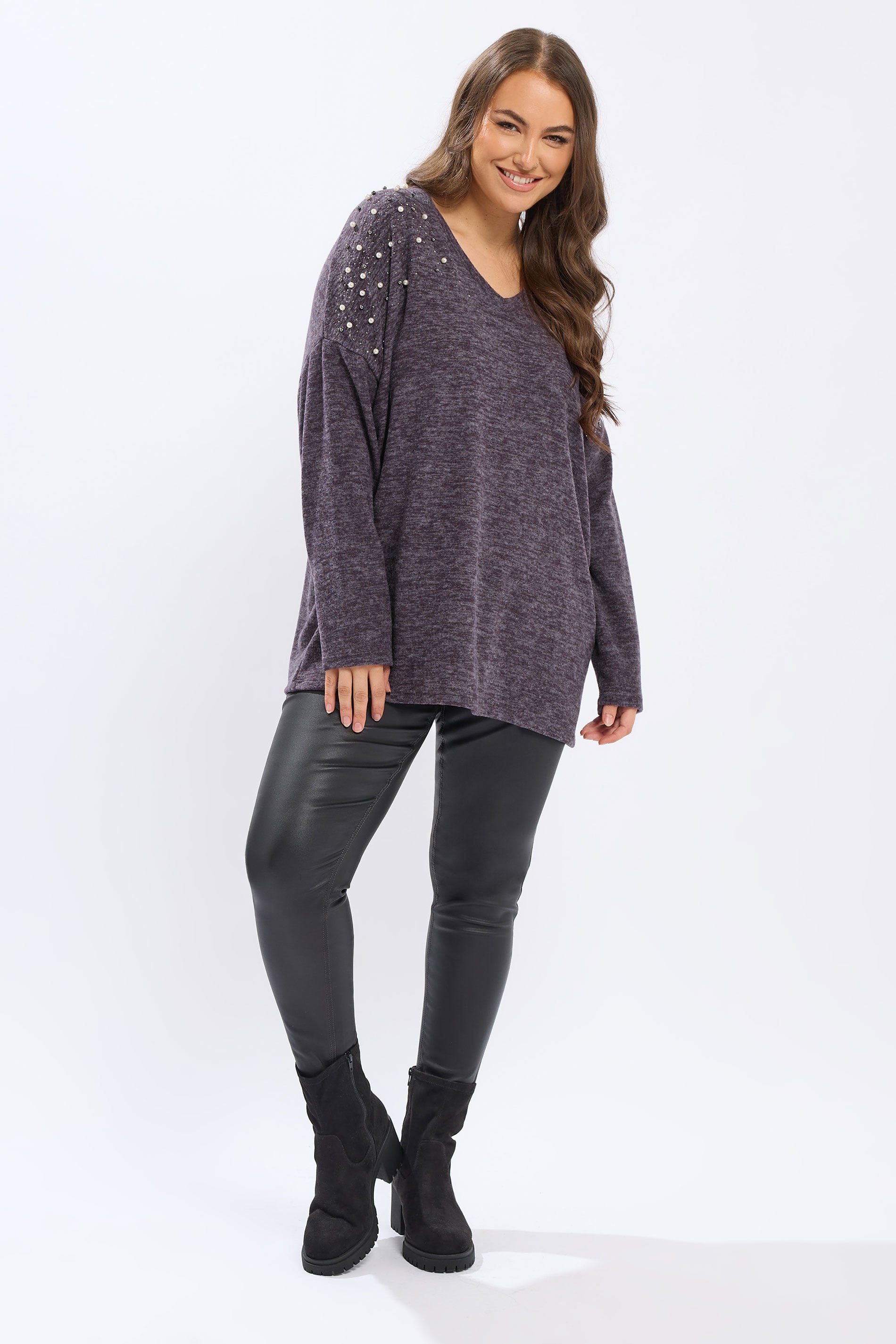 YOURS Plus Size Purple Pearl Embellished Drop Shoulder Jumper | Yours Clothing 1