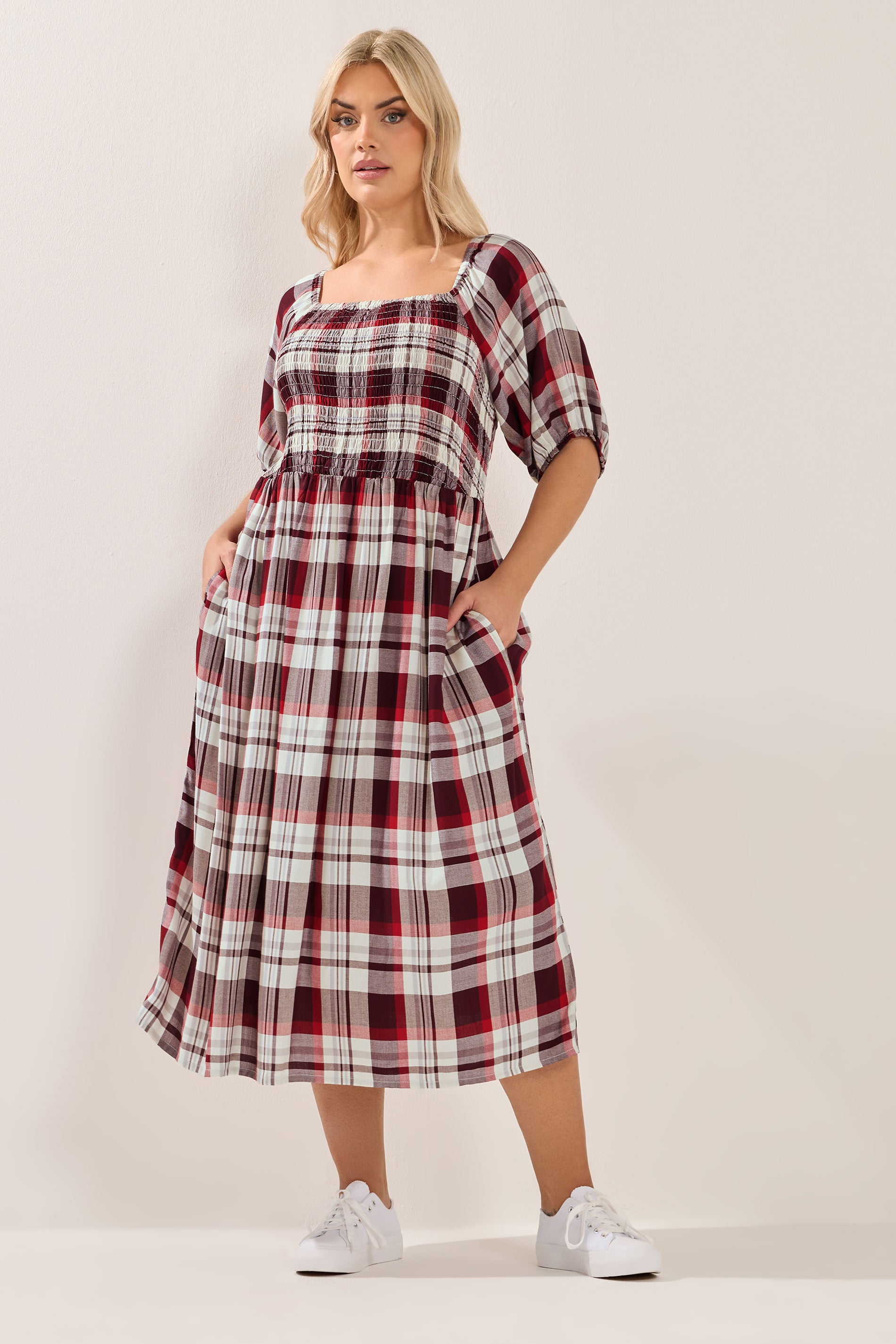 YOURS Plus Size Red Check Shirred Maxi Dress | Yours Clothing 3