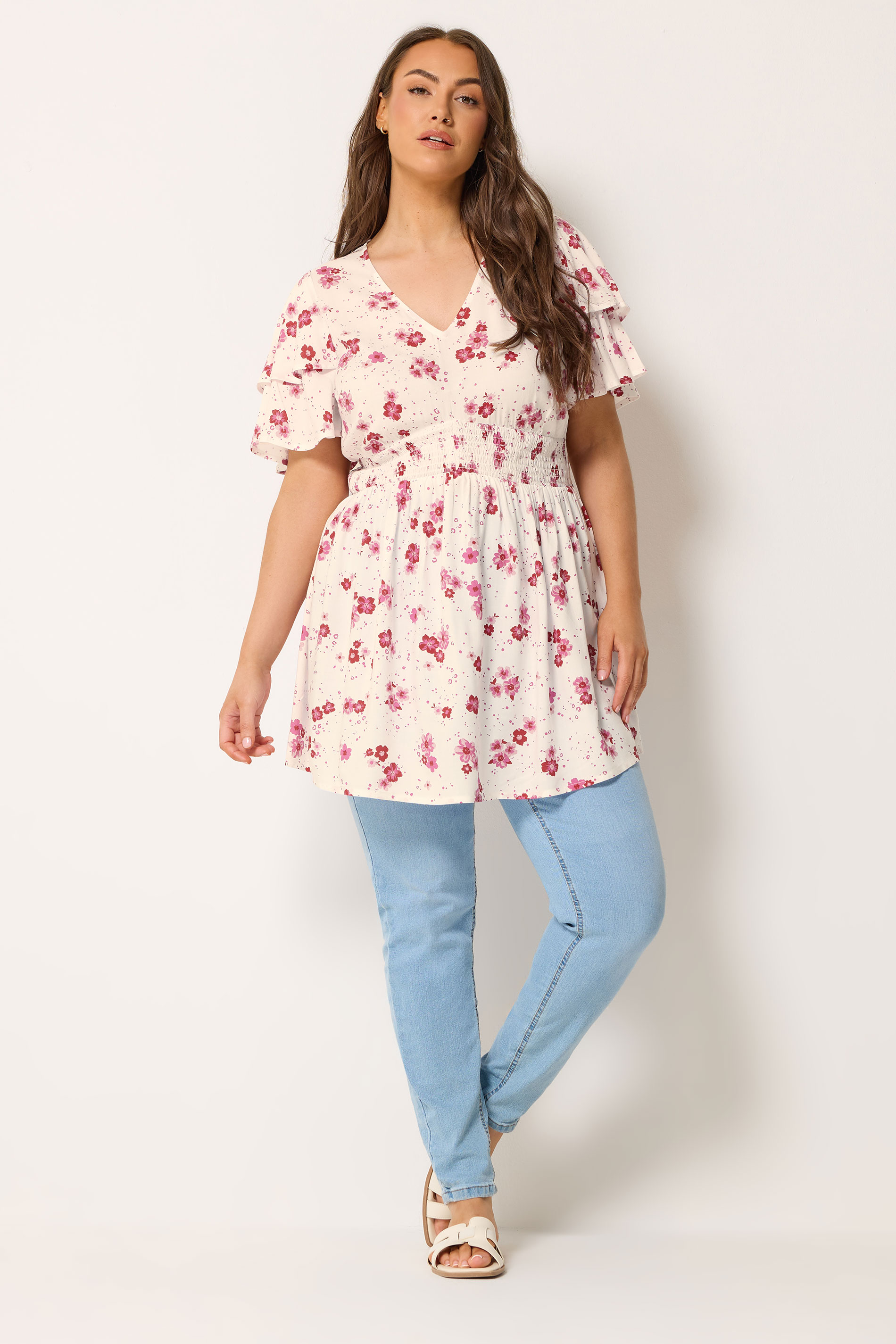 YOURS Plus Size White Floral Flutter Sleeve Top | Yours Clothing 1