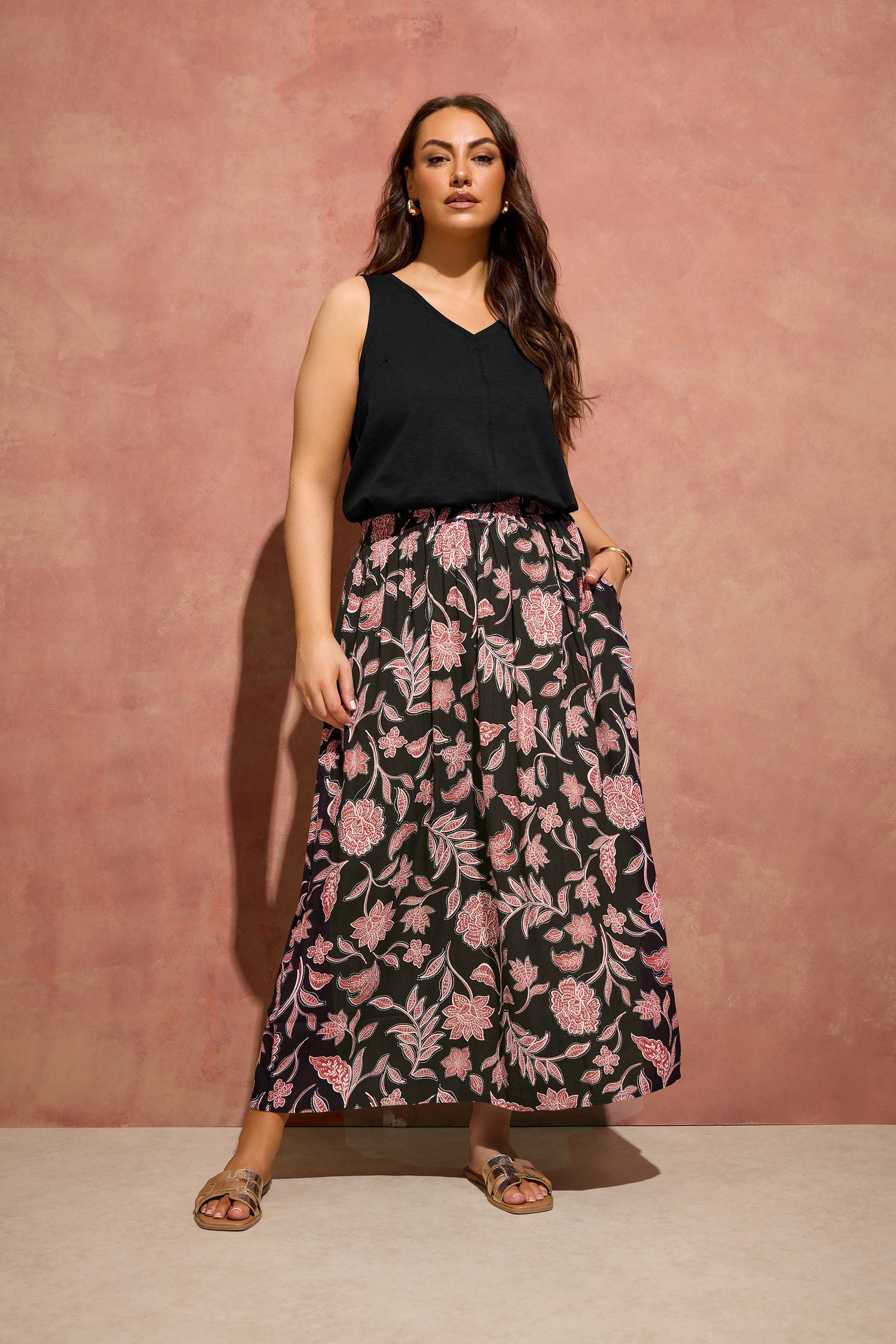 Evans Women's Black Plus Rust Orange Print A Line Midi Skirt Size 18