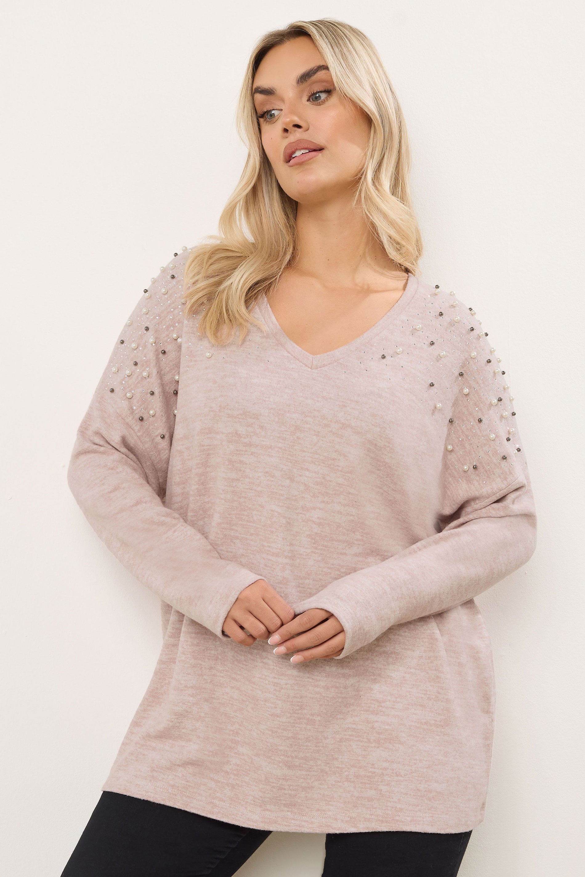 YOURS Plus Size Pink Pearl Embellished Soft Touch Jumper | Yours Clothing 3